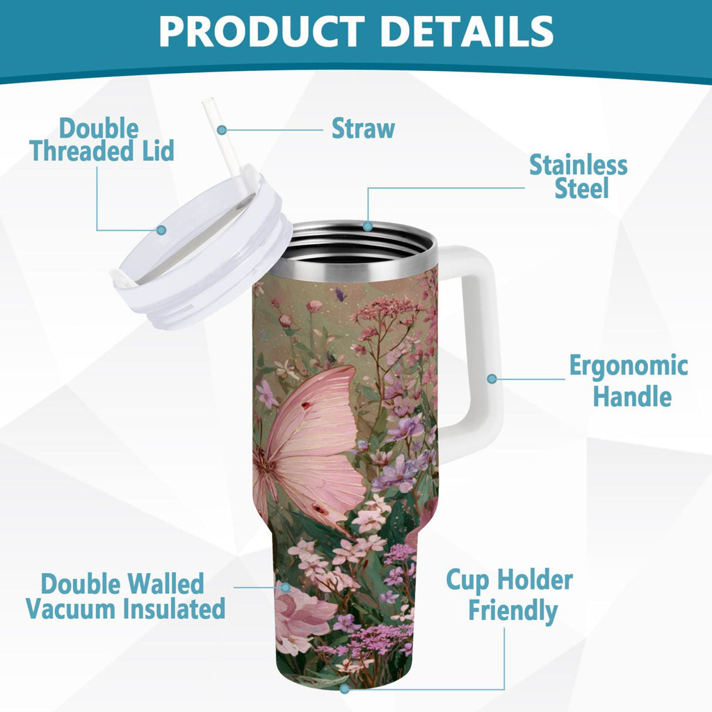 30 oz Insulated Stainless Steel Tumbler Double Wall Stainless Steel Tumbler with 2-Way Drinking Delicate Butterfly