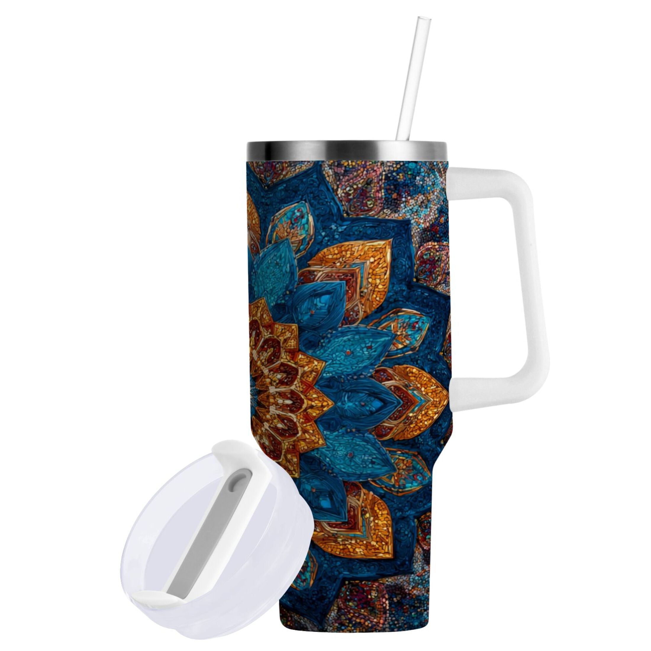 40 oz Insulated Stainless Steel Tumbler Double Wall Stainless Steel Tumbler with 2-Way Drinking Intricate Geometric Shapes