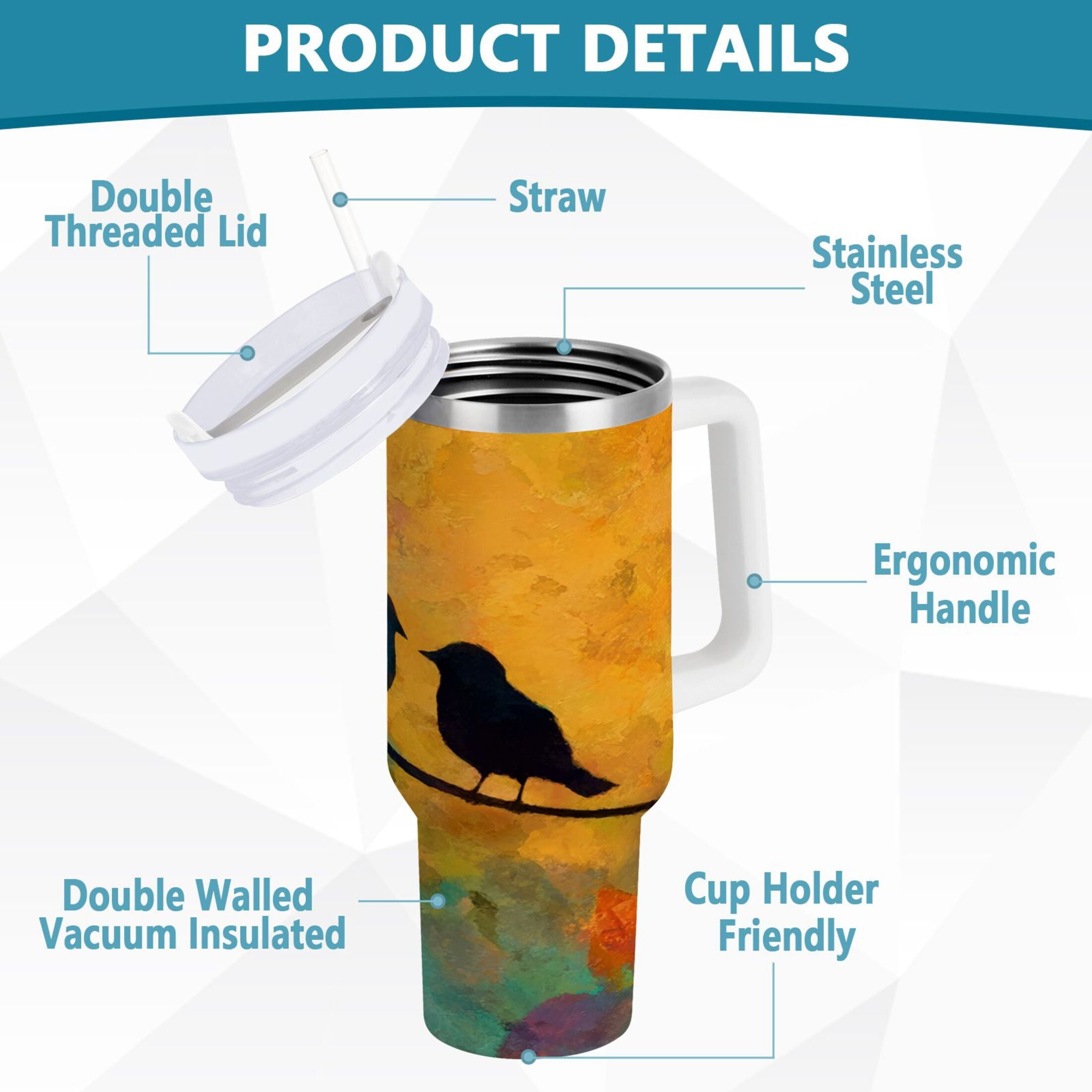 30 oz Insulated Stainless Steel Tumbler Double Wall Stainless Steel Tumbler with 2-Way Drinking Birds on A Wire
