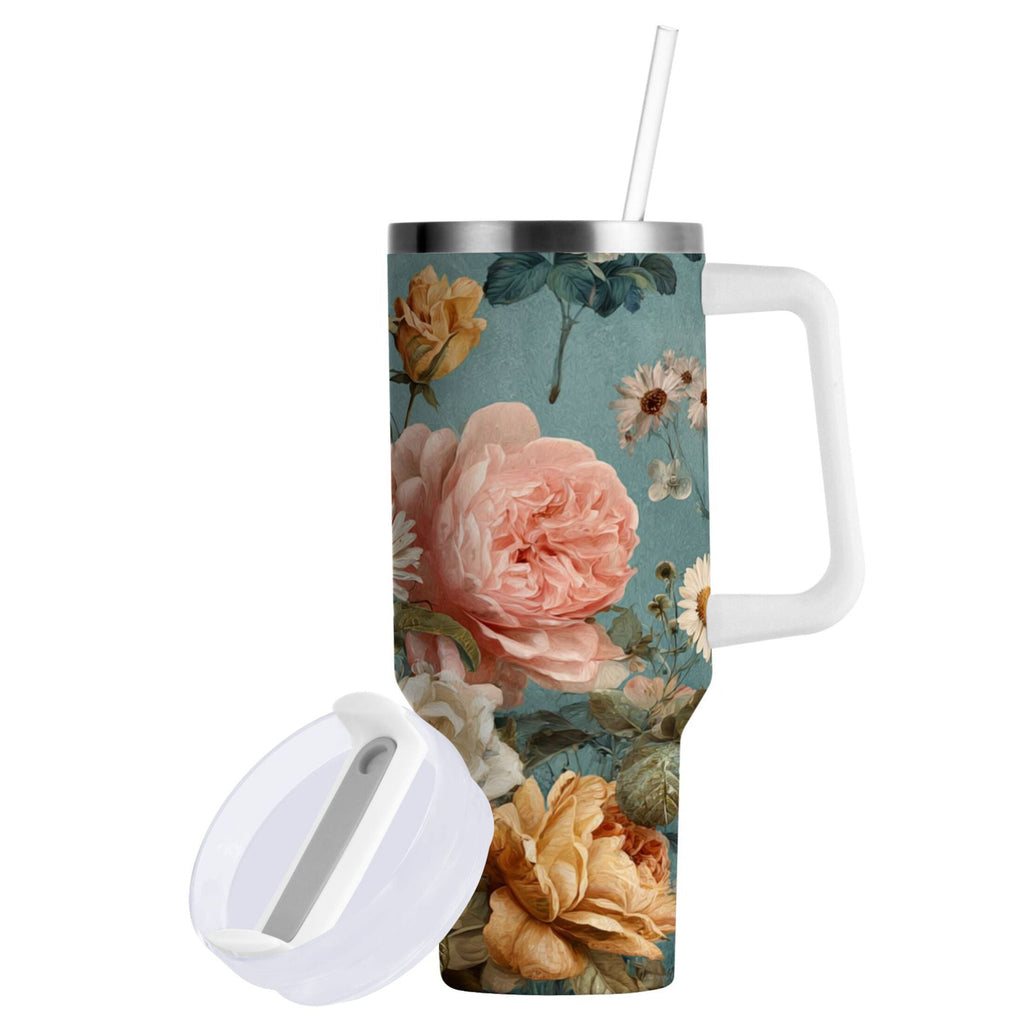 30 oz Insulated Stainless Steel Tumbler Double Wall Stainless Steel Tumbler with 2-Way Drinking Vintage Roses and Peonies