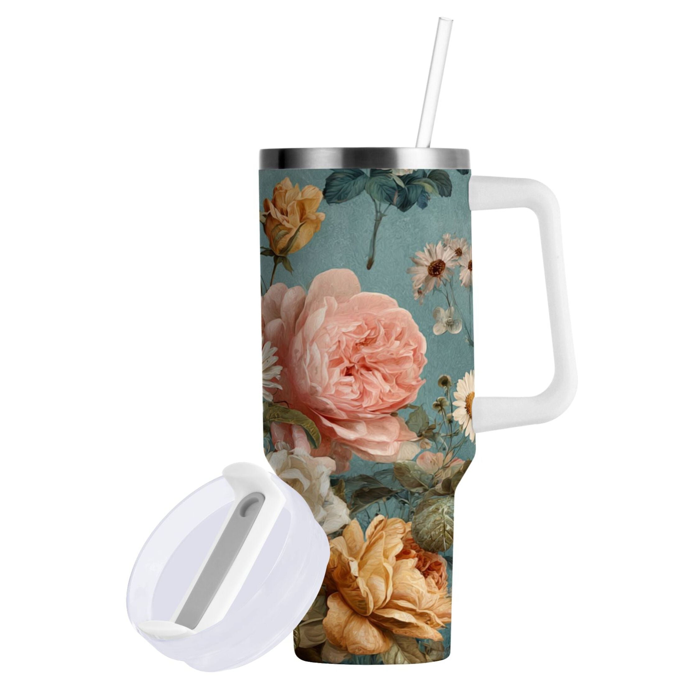 30 oz Insulated Stainless Steel Tumbler Double Wall Stainless Steel Tumbler with 2-Way Drinking Vintage Roses and Peonies