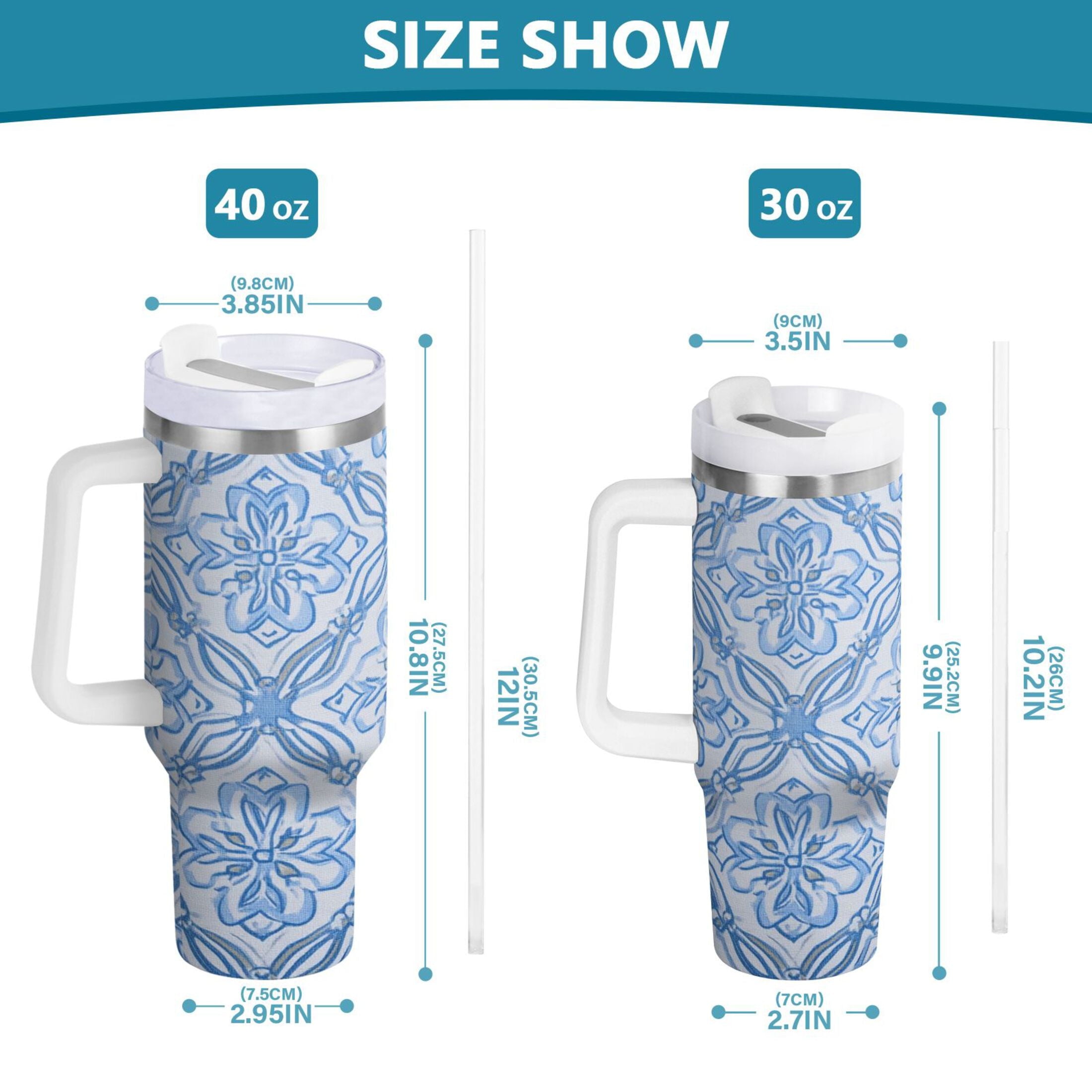 30 oz Insulated Stainless Steel Tumbler Double Wall Stainless Steel Tumbler with 2-Way Drinking Blue Elegant Geometric Design