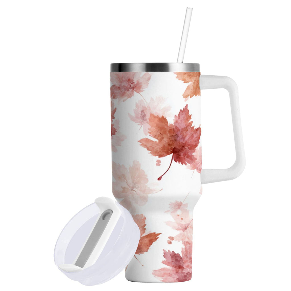 30 oz Insulated Stainless Steel Tumbler Double Wall Stainless Steel Tumbler with 2-Way Drinking Watercolor Pink Maple Leaves