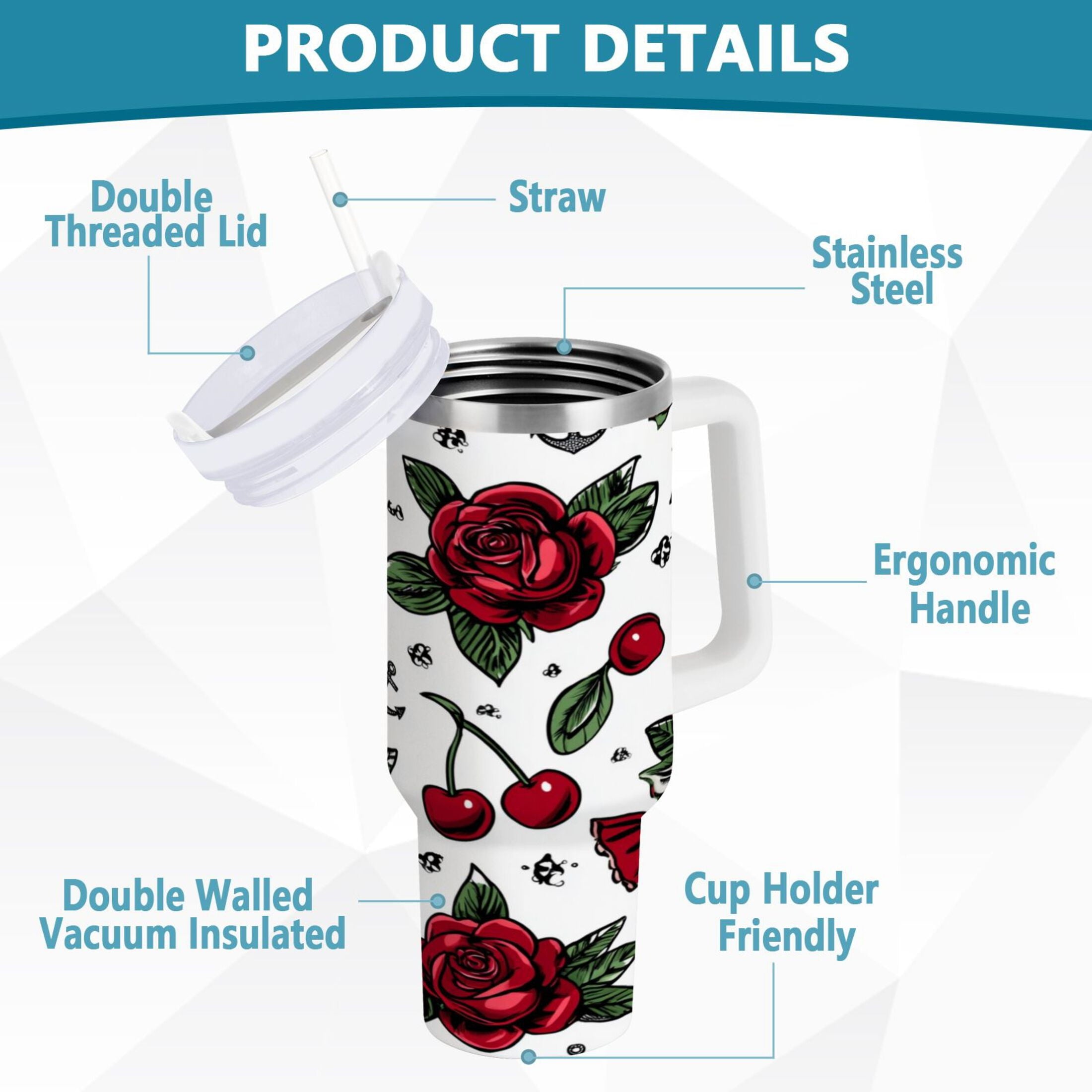 40 oz Insulated Stainless Steel Tumbler Double Wall Stainless Steel Tumbler with 2-Way Drinking Red Roses and Cherries