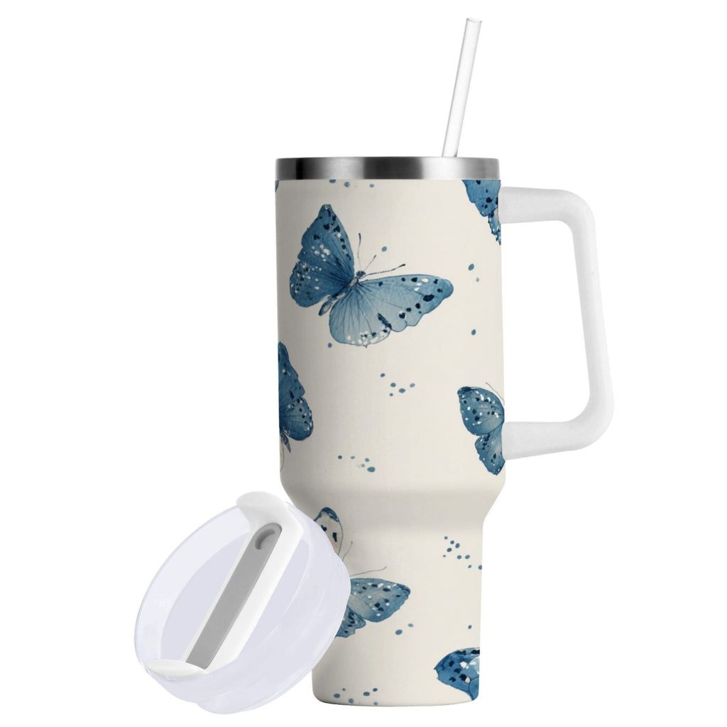 30 oz Insulated Stainless Steel Tumbler Double Wall Stainless Steel Tumbler with 2-Way Drinking Blue Watercolor Butterflies