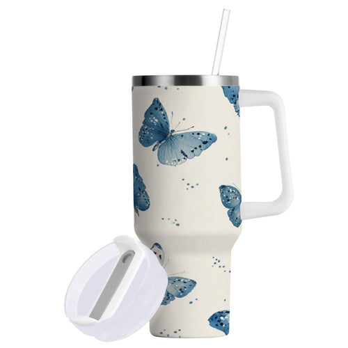 30 oz Insulated Stainless Steel Tumbler Double Wall Stainless Steel Tumbler with 2-Way Drinking Blue Watercolor Butterflies