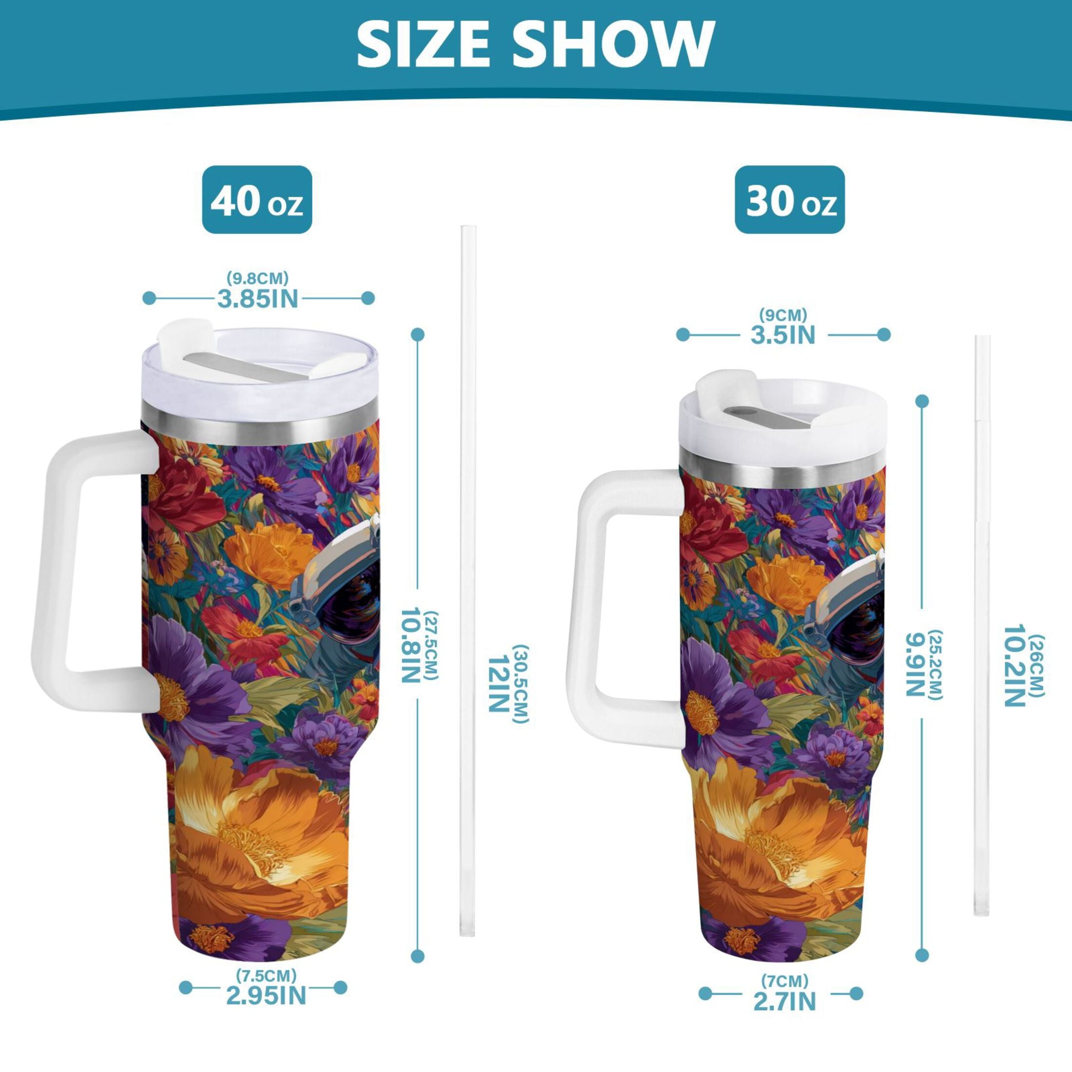 40 oz Insulated Stainless Steel Tumbler Double Wall Stainless Steel Tumbler with 2-Way Drinking Colorful Flowers and Planets
