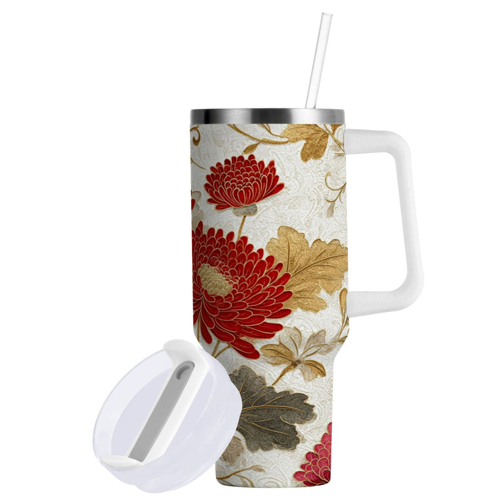 30 oz Insulated Stainless Steel Tumbler Double Wall Stainless Steel Tumbler with 2-Way Drinking Red Chrysanthemum Pattern