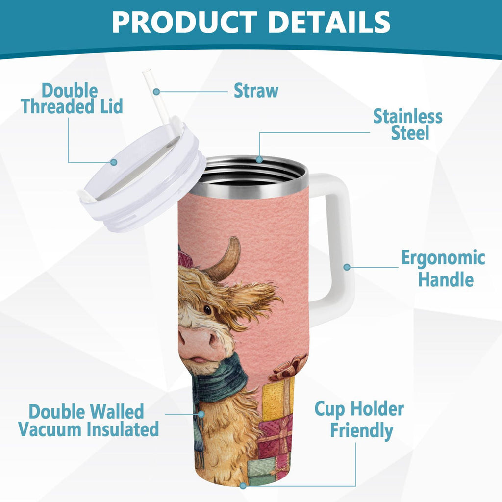 30 oz Insulated Stainless Steel Tumbler Double Wall Stainless Steel Tumbler with 2-Way Drinking Cow Wearing Scarf and Hat