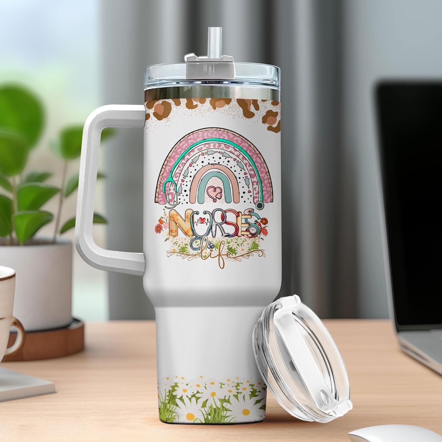 Tumbler 40 Oz With Handle Lid And Straw, Nurse Gifts, Black Camo White Engraved Print Travel Nurses Tumblers Handle Funny Cups Nursing For, Great Nurse Rainbow Daisy Flower