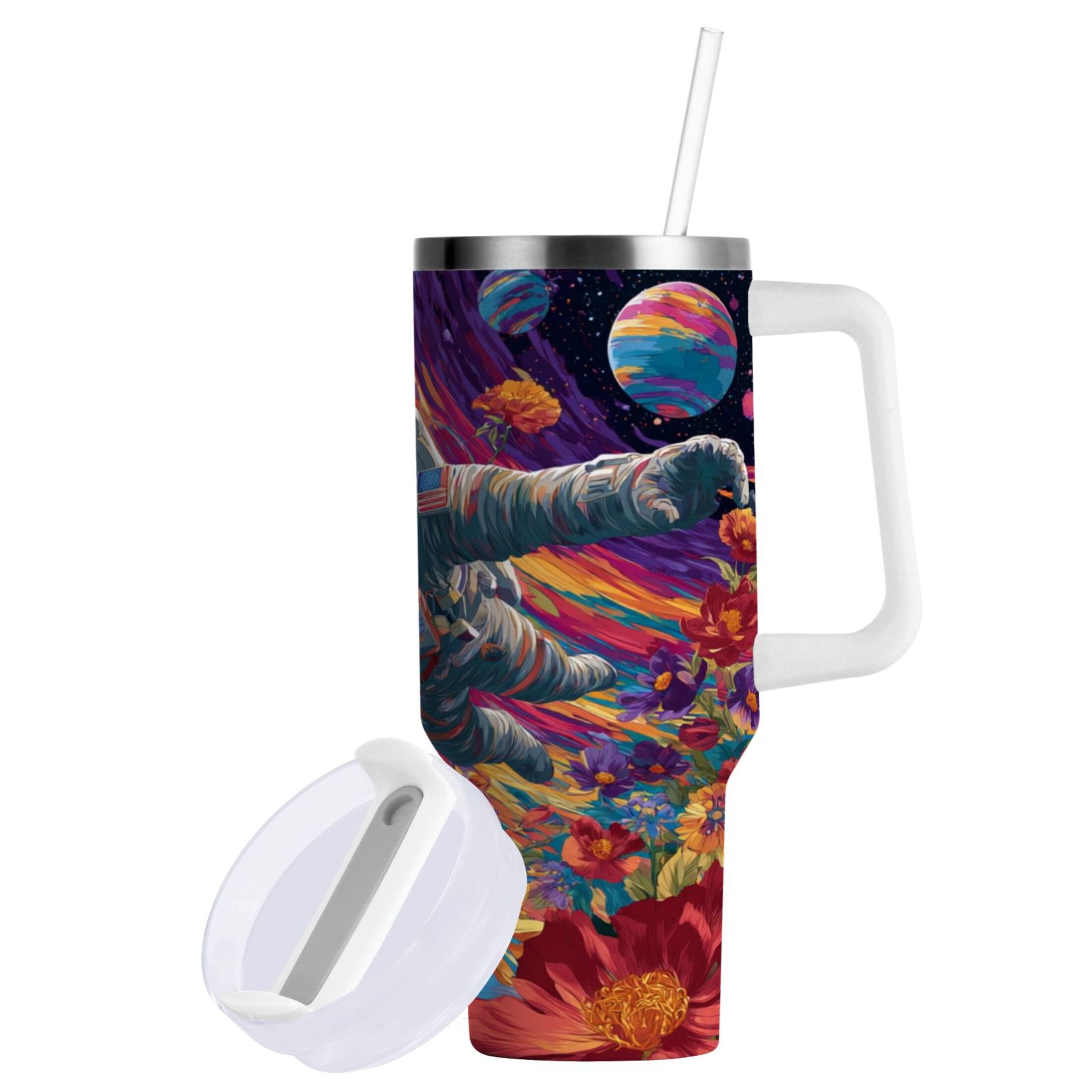 40 oz Insulated Stainless Steel Tumbler Double Wall Stainless Steel Tumbler with 2-Way Drinking Colorful Flowers and Planets