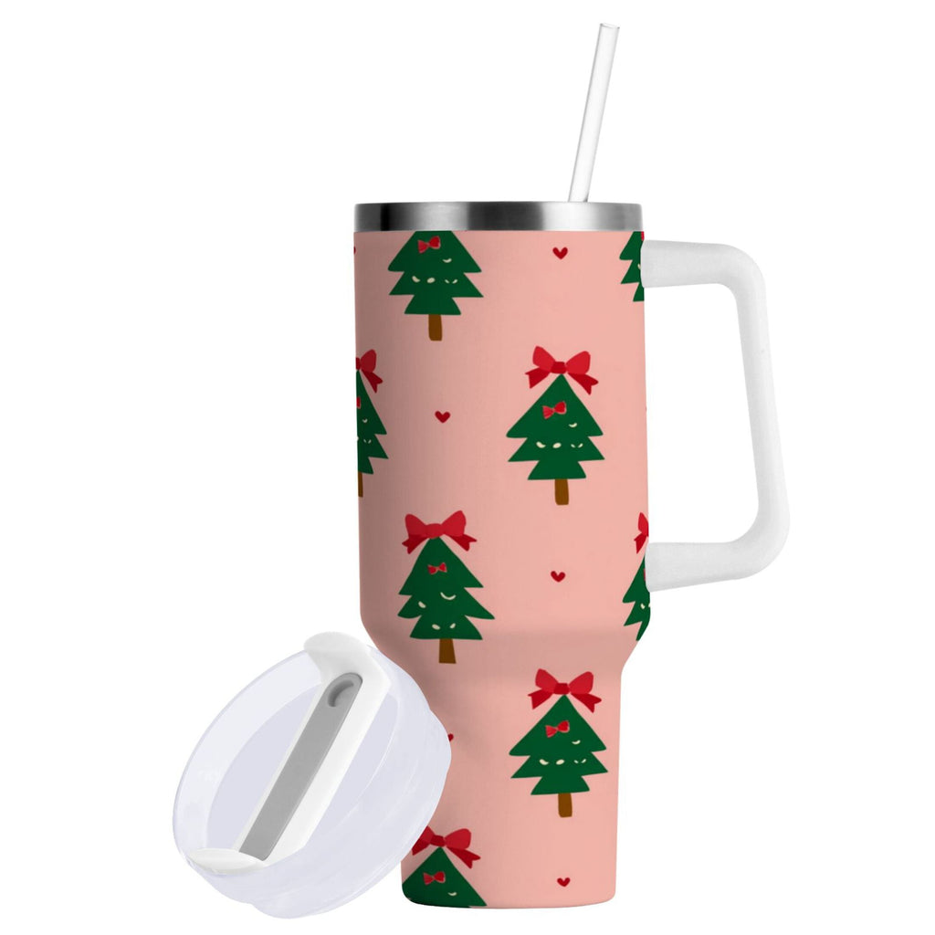 40 oz Insulated Stainless Steel Tumbler Double Wall Stainless Steel Tumbler with 2-Way Drinking Green Trees and Red Bows