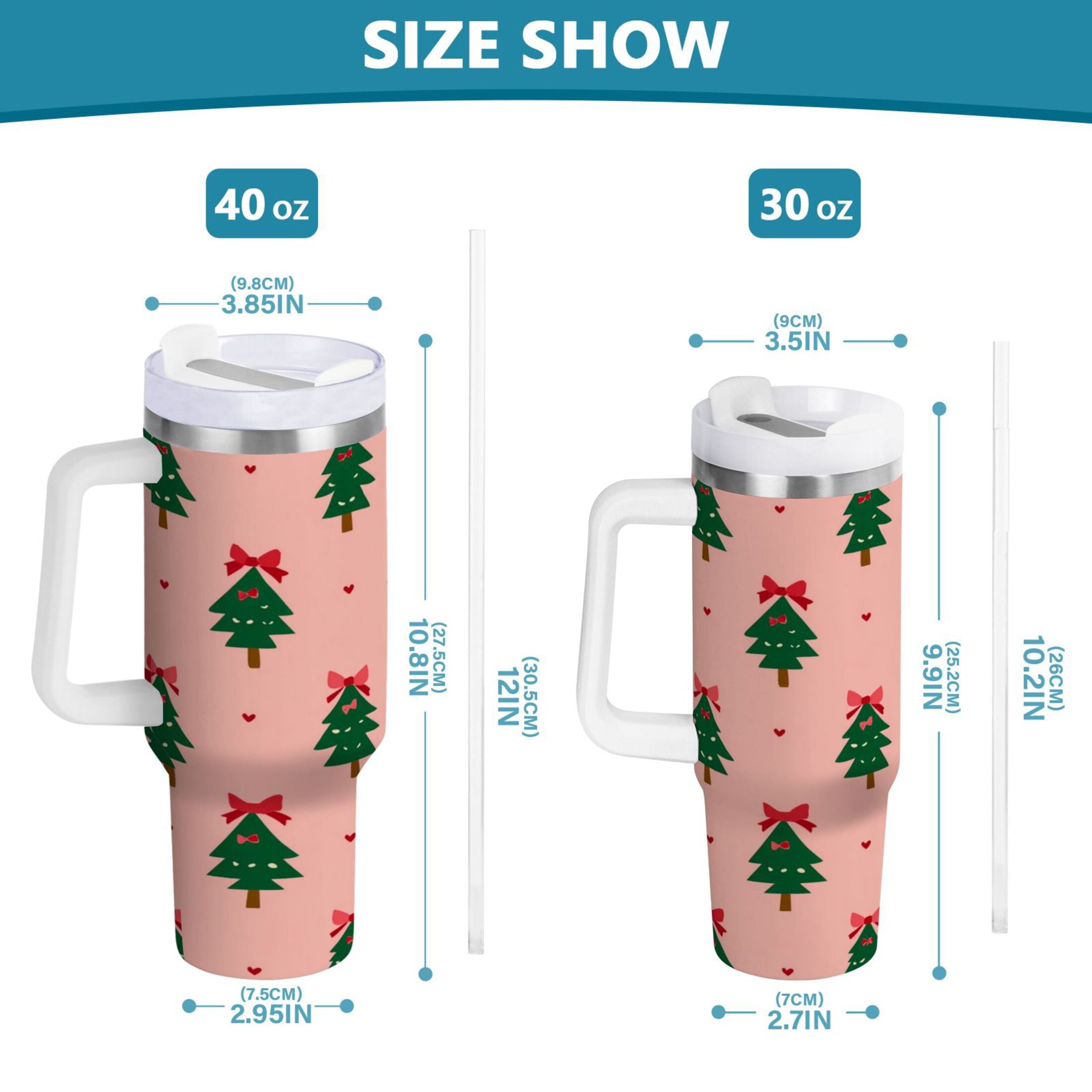 40 oz Insulated Stainless Steel Tumbler Double Wall Stainless Steel Tumbler with 2-Way Drinking Green Trees and Red Bows
