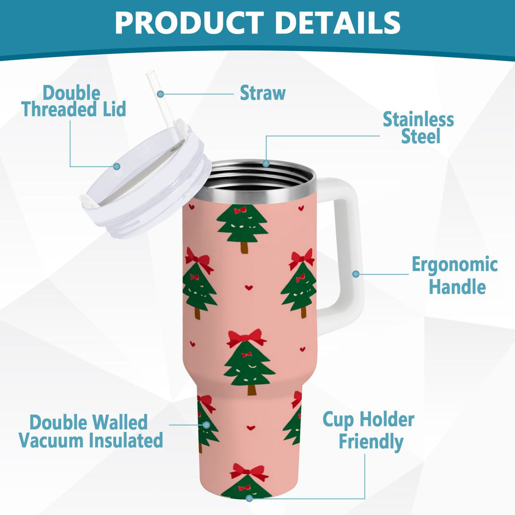 40 oz Insulated Stainless Steel Tumbler Double Wall Stainless Steel Tumbler with 2-Way Drinking Green Trees and Red Bows