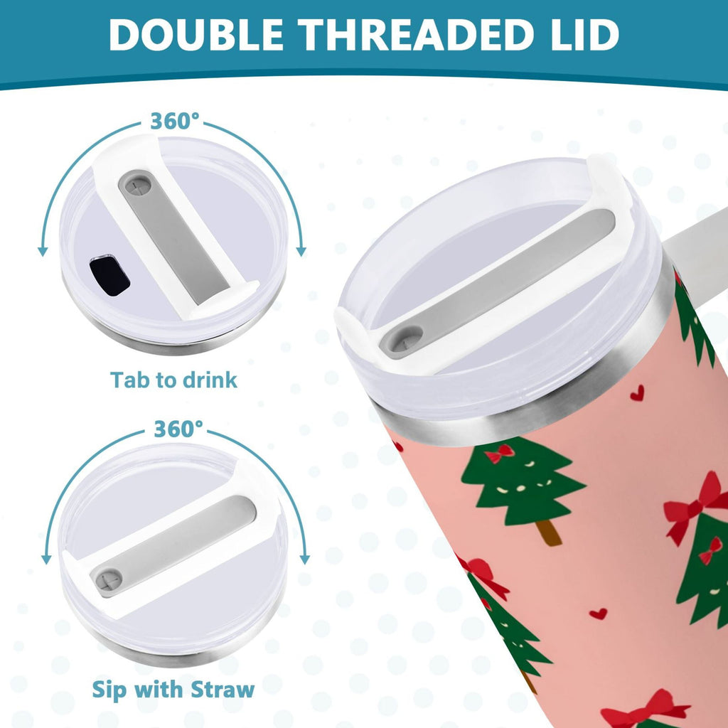 40 oz Insulated Stainless Steel Tumbler Double Wall Stainless Steel Tumbler with 2-Way Drinking Green Trees and Red Bows