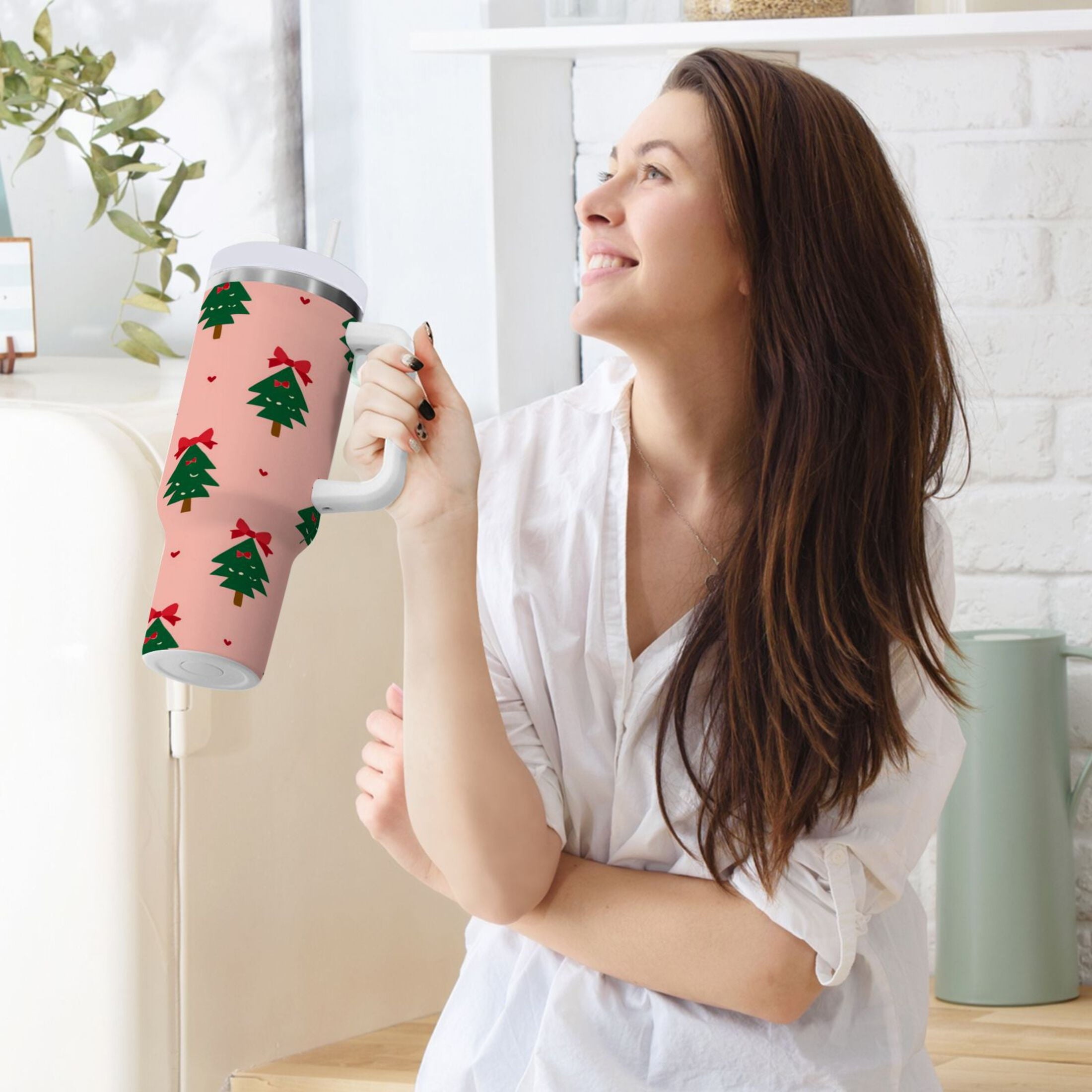 40 oz Insulated Stainless Steel Tumbler Double Wall Stainless Steel Tumbler with 2-Way Drinking Green Trees and Red Bows