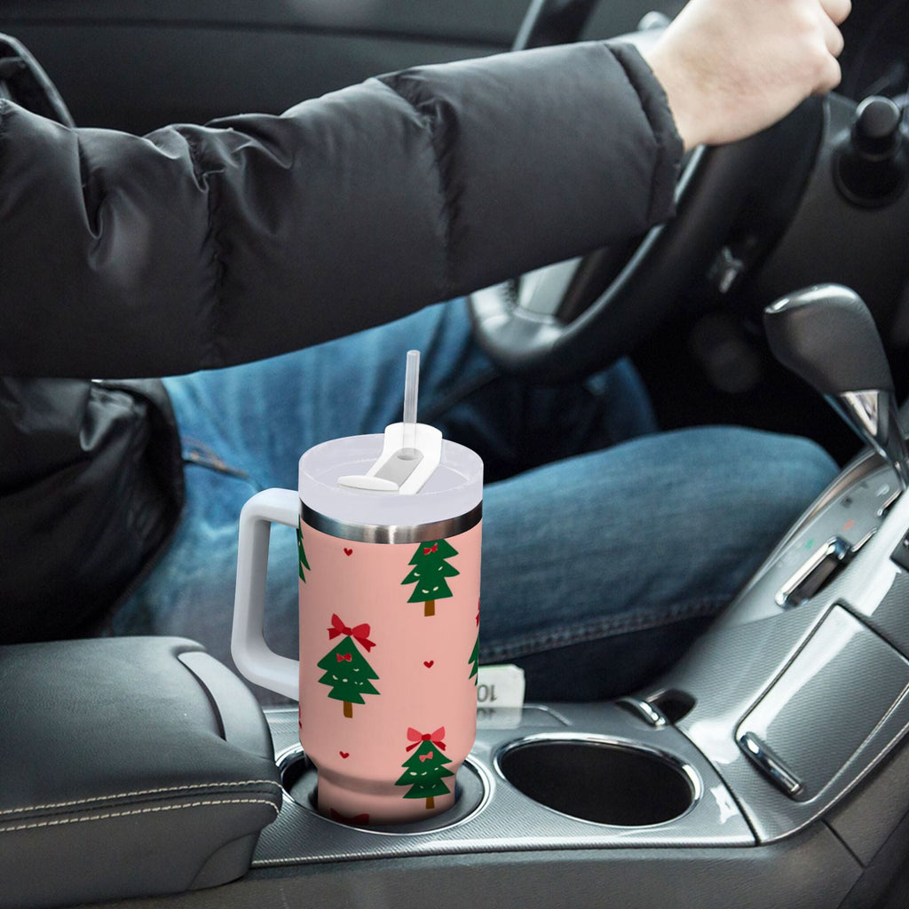 40 oz Insulated Stainless Steel Tumbler Double Wall Stainless Steel Tumbler with 2-Way Drinking Green Trees and Red Bows
