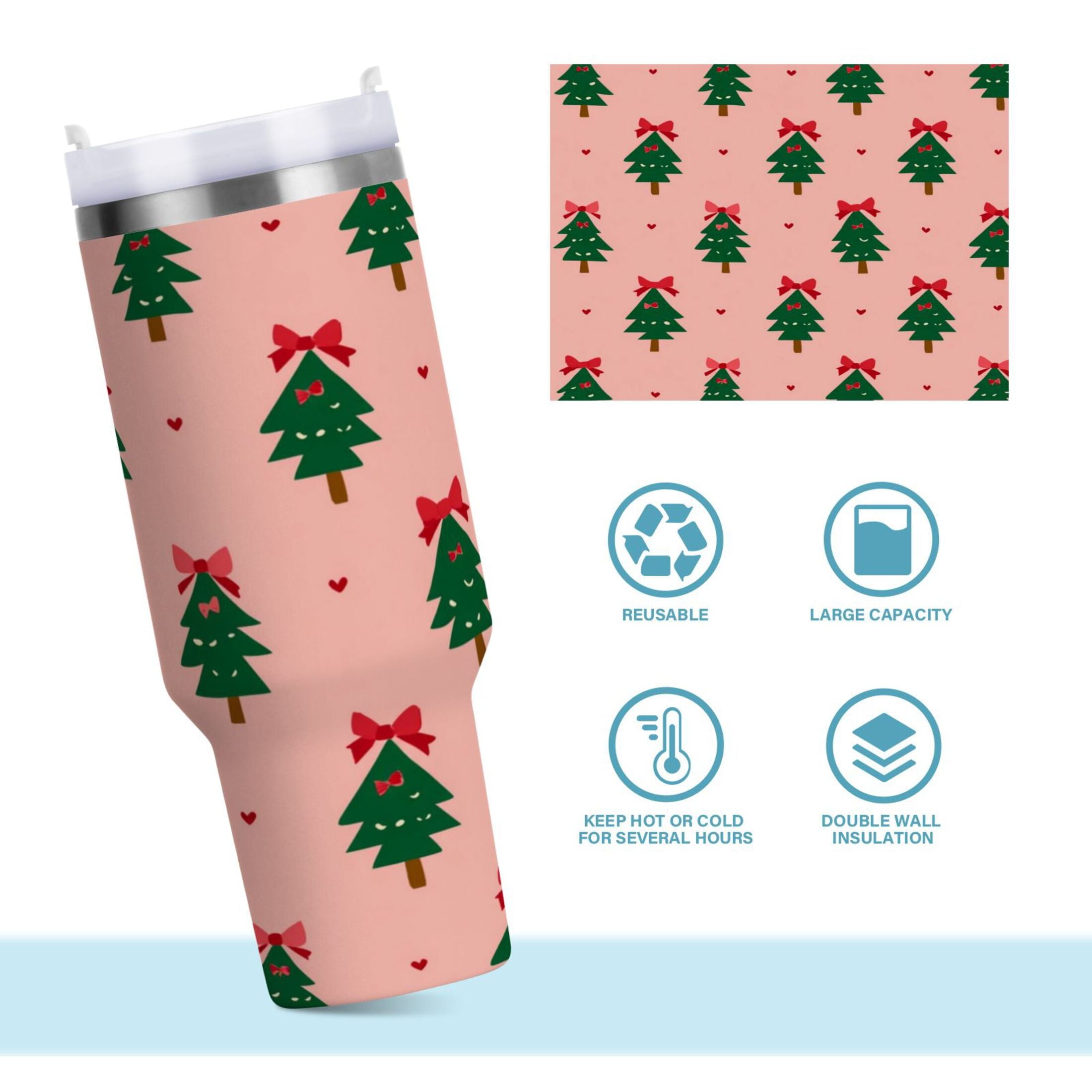 40 oz Insulated Stainless Steel Tumbler Double Wall Stainless Steel Tumbler with 2-Way Drinking Green Trees and Red Bows