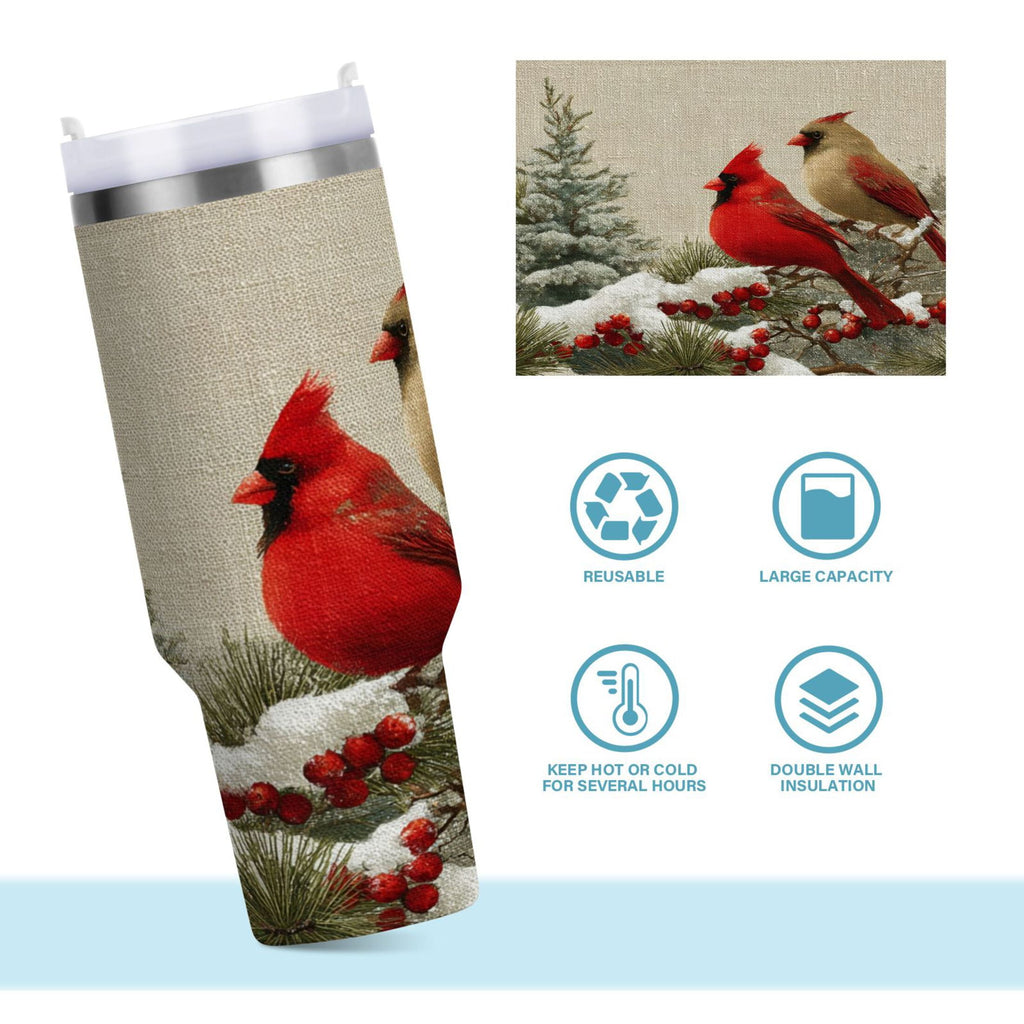 30 oz Insulated Stainless Steel Tumbler Double Wall Stainless Steel Tumbler with 2-Way Drinking Bird and Snow-covered Trees