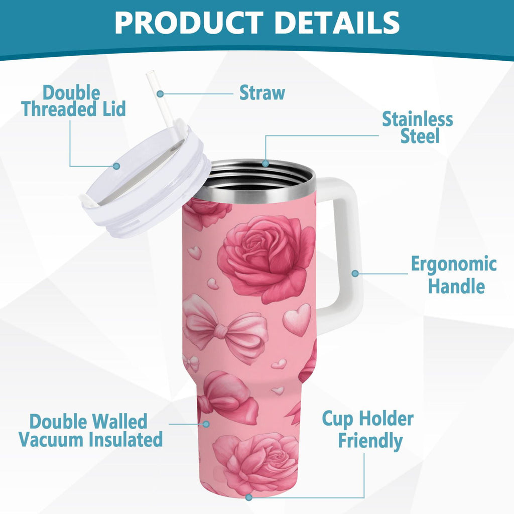 40 oz Insulated Stainless Steel Tumbler Double Wall Stainless Steel Tumbler with 2-Way Drinking Roses and Bows Pattern