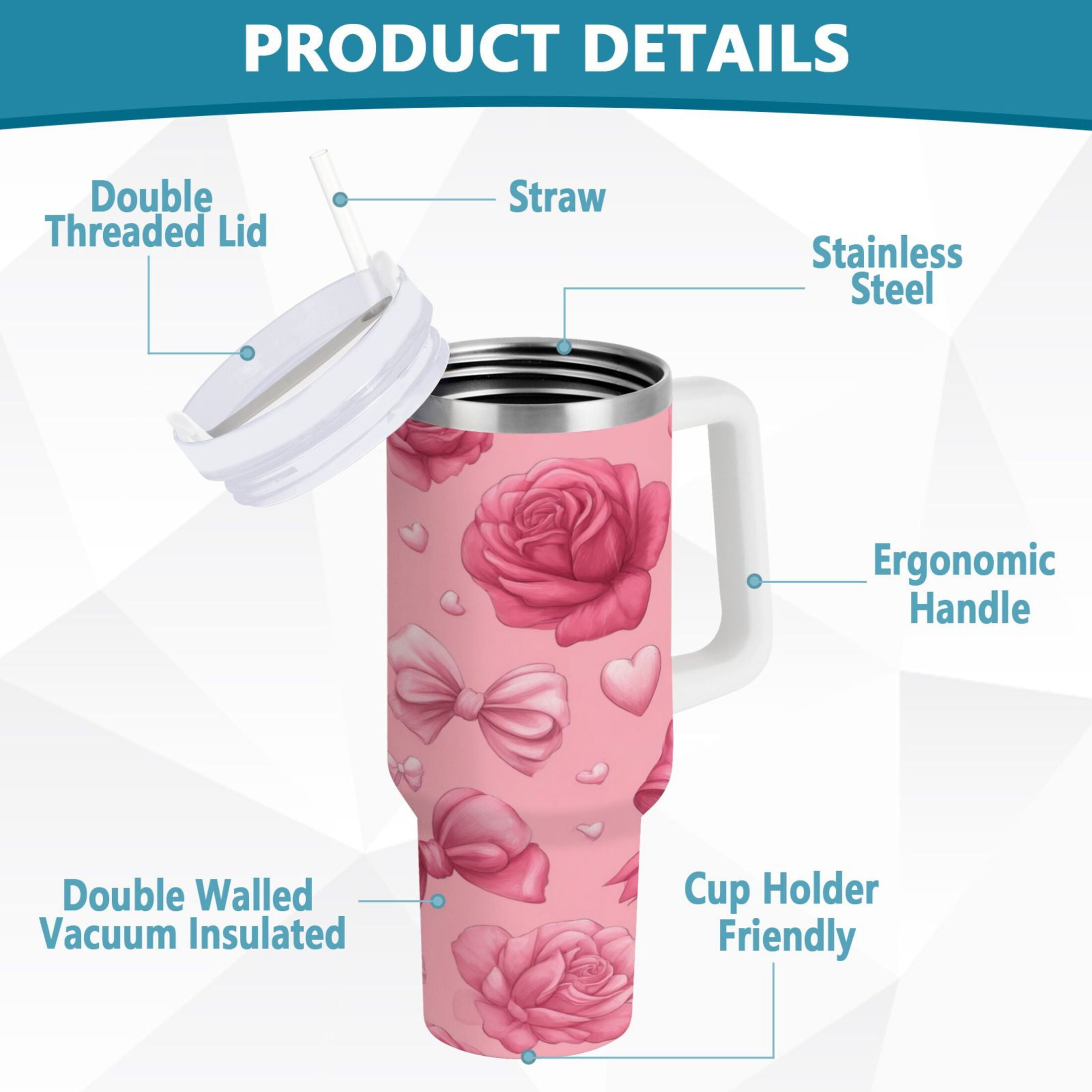 40 oz Insulated Stainless Steel Tumbler Double Wall Stainless Steel Tumbler with 2-Way Drinking Roses and Bows Pattern