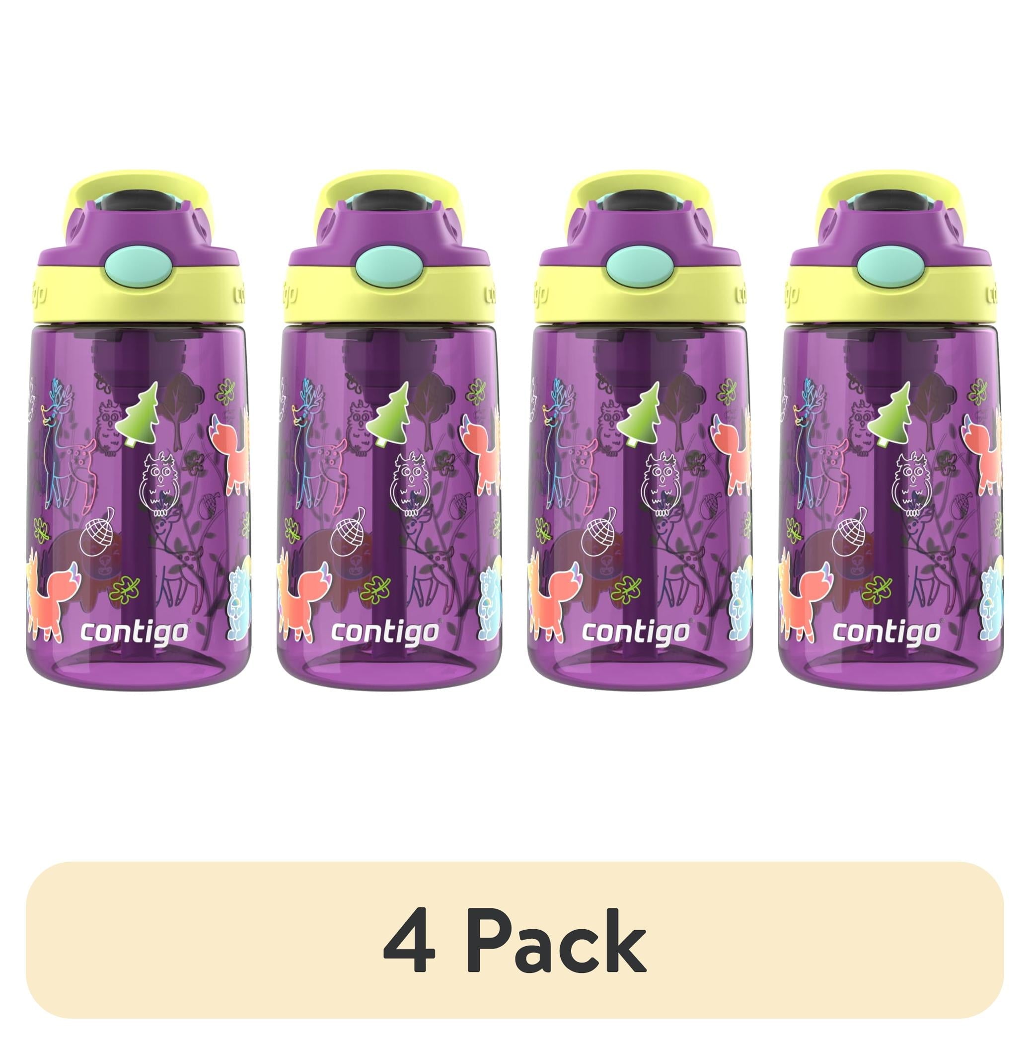 (4 pack) Contigo Kids Water Bottle with Redesigned AUTOSPOUT Straw, 14 oz, Grape Forest Haven