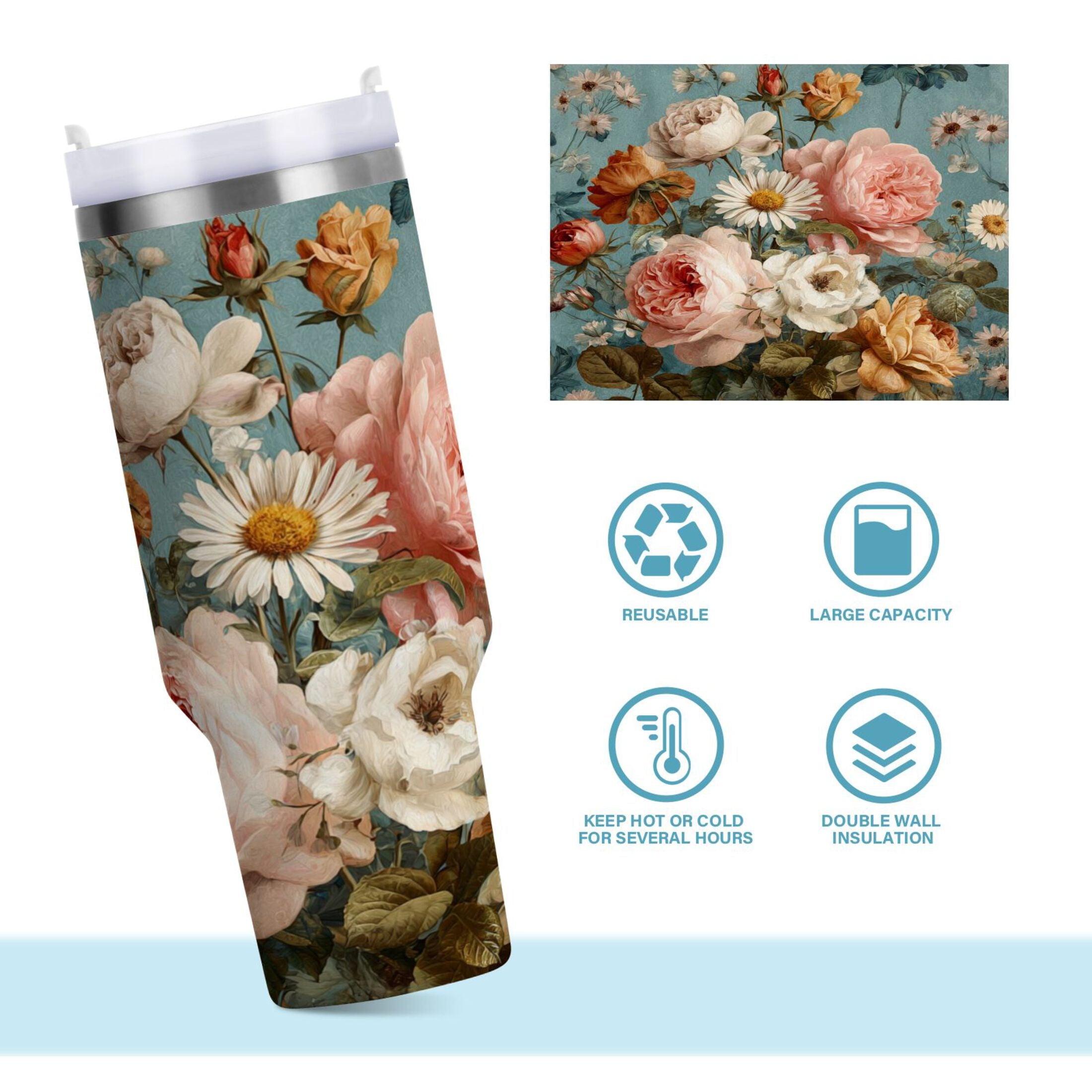 30 oz Insulated Stainless Steel Tumbler Double Wall Stainless Steel Tumbler with 2-Way Drinking Vintage Roses and Peonies