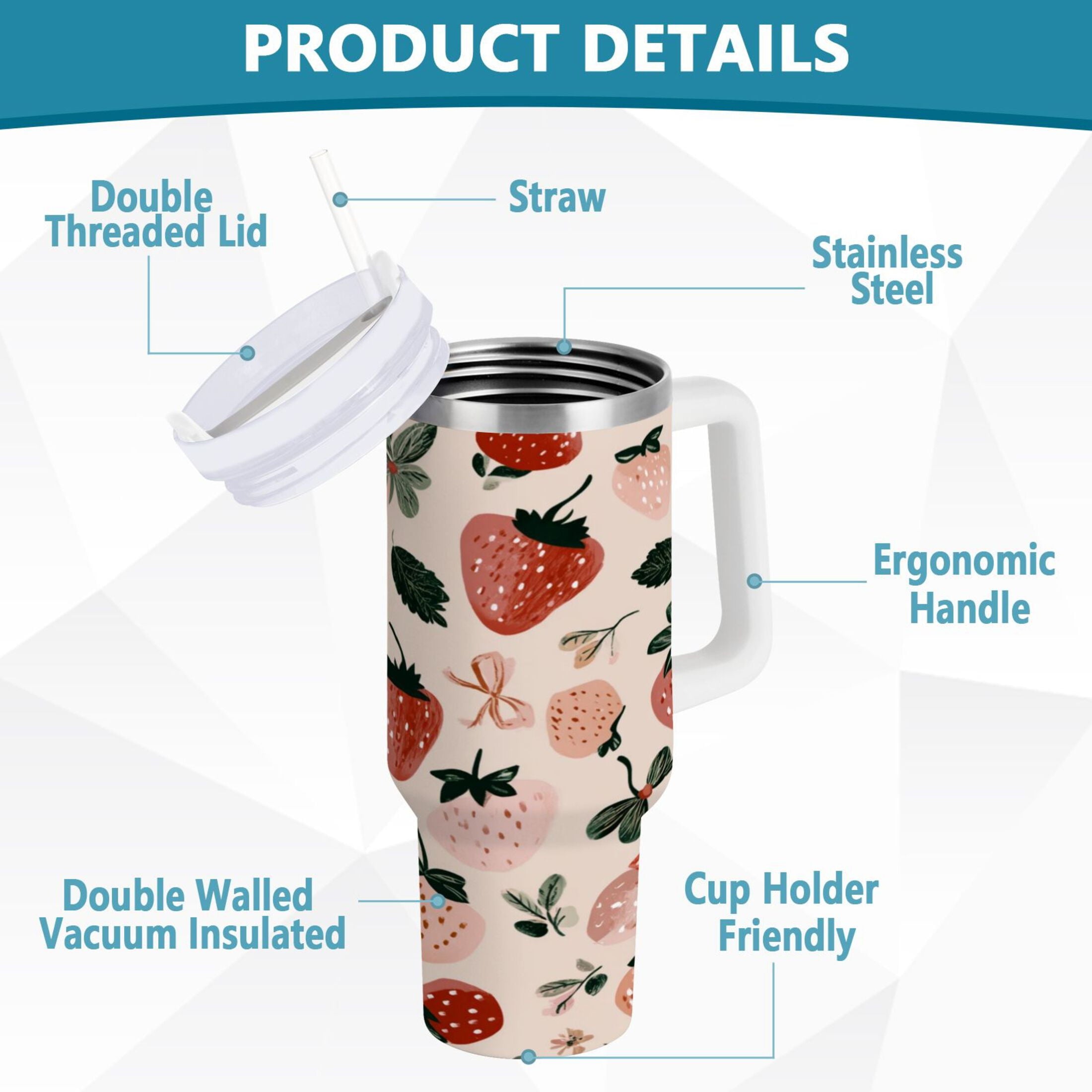 30 oz Insulated Stainless Steel Tumbler Double Wall Stainless Steel Tumbler with 2-Way Drinking Cute Pinks Strawberries