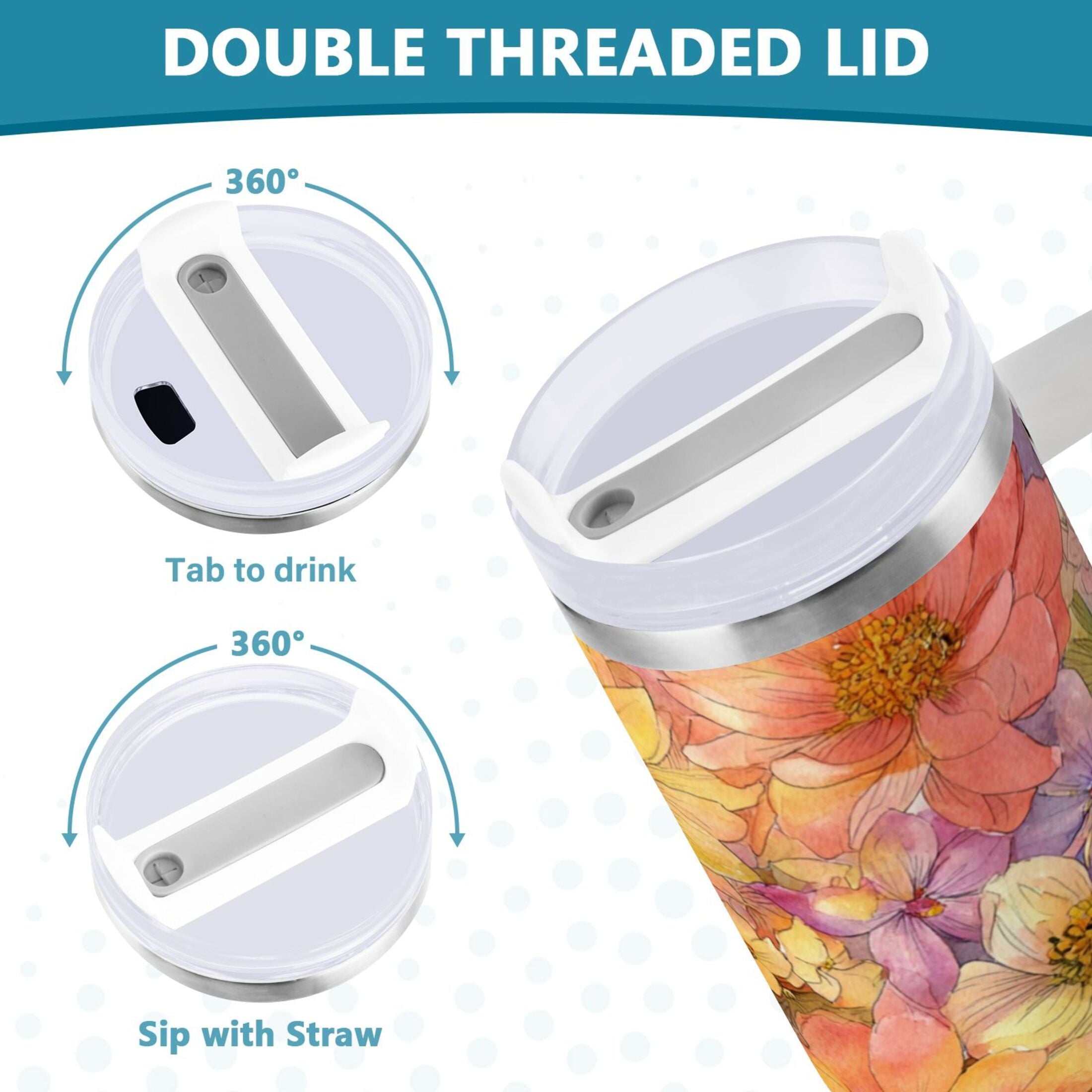 30 oz Insulated Stainless Steel Tumbler Double Wall Stainless Steel Tumbler with 2-Way Drinking Summer Blossoms