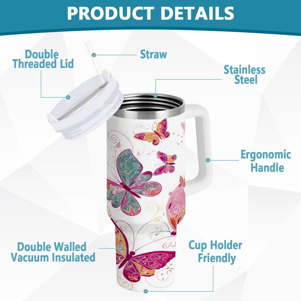 30 oz Insulated Stainless Steel Tumbler Double Wall Stainless Steel Tumbler with 2-Way Drinking Colorful Butterflies