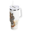 30 oz Insulated Stainless Steel Tumbler Double Wall Stainless Steel Tumbler with 2-Way Drinking Tiger in Action