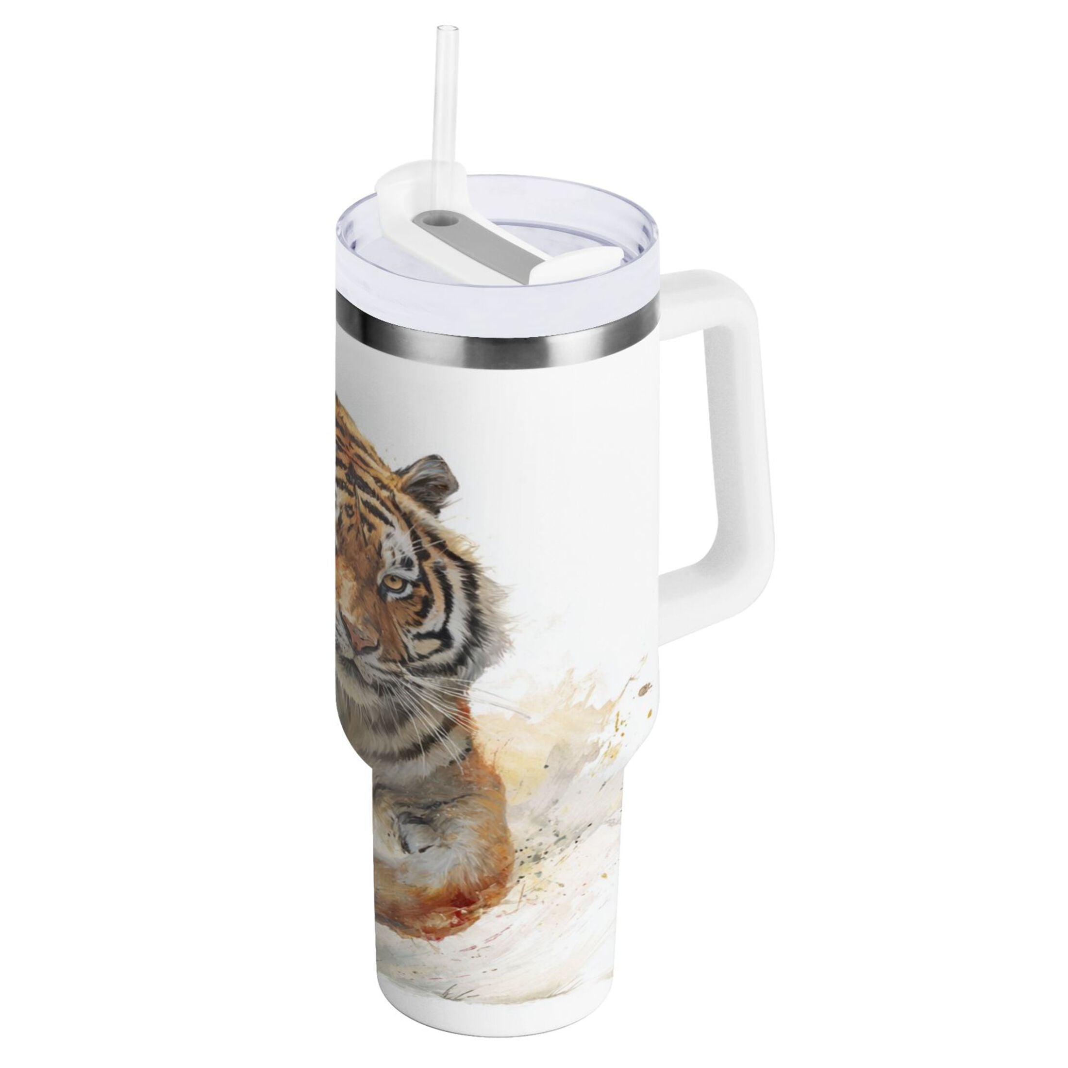30 oz Insulated Stainless Steel Tumbler Double Wall Stainless Steel Tumbler with 2-Way Drinking Tiger in Action