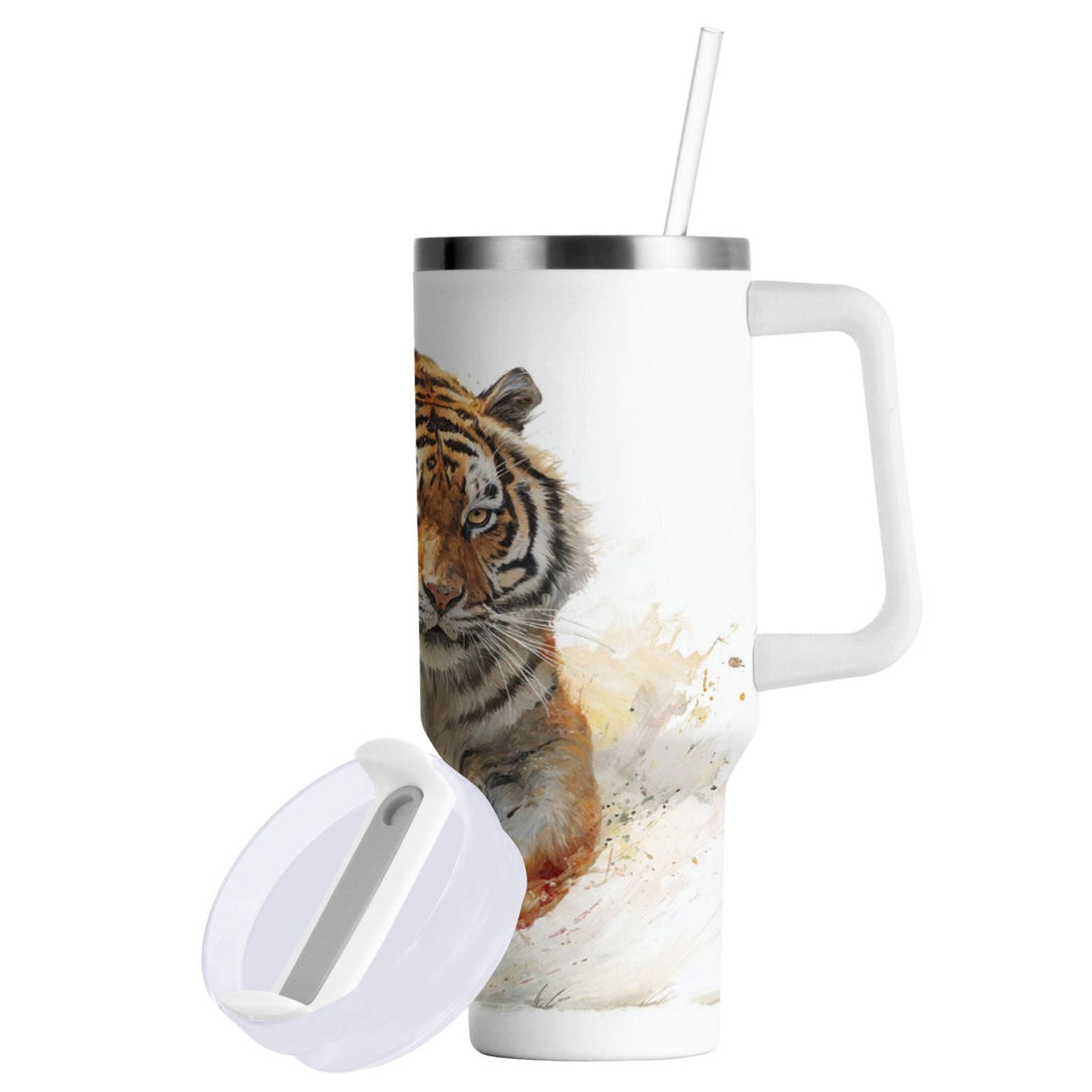 30 oz Insulated Stainless Steel Tumbler Double Wall Stainless Steel Tumbler with 2-Way Drinking Tiger in Action