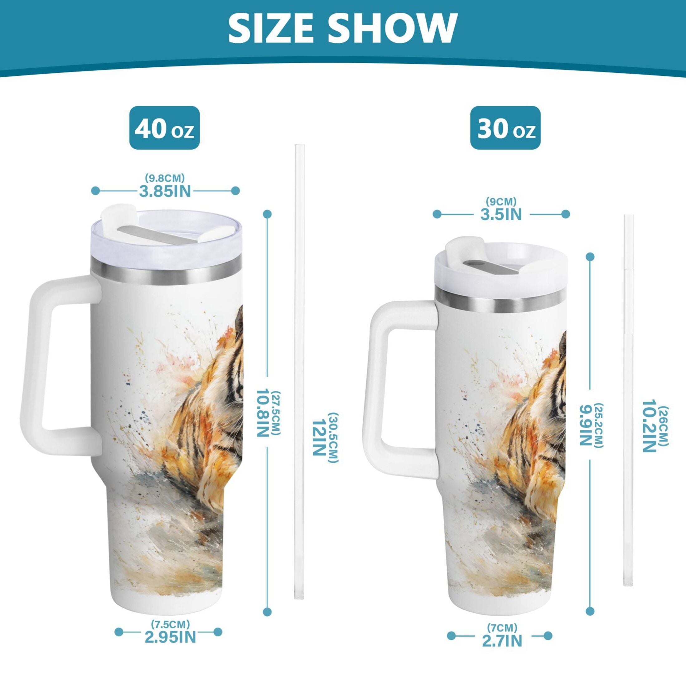 30 oz Insulated Stainless Steel Tumbler Double Wall Stainless Steel Tumbler with 2-Way Drinking Tiger in Action