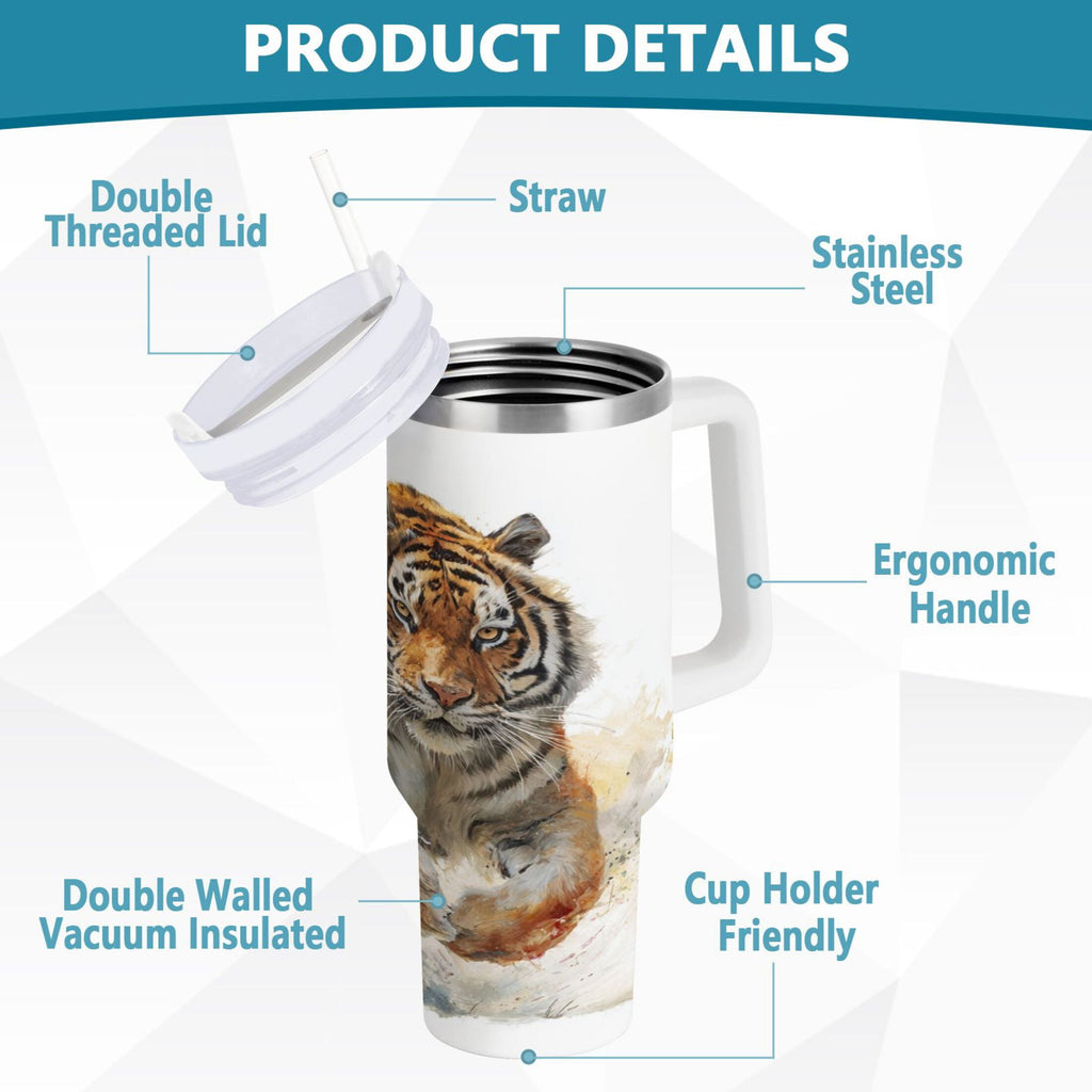 30 oz Insulated Stainless Steel Tumbler Double Wall Stainless Steel Tumbler with 2-Way Drinking Tiger in Action