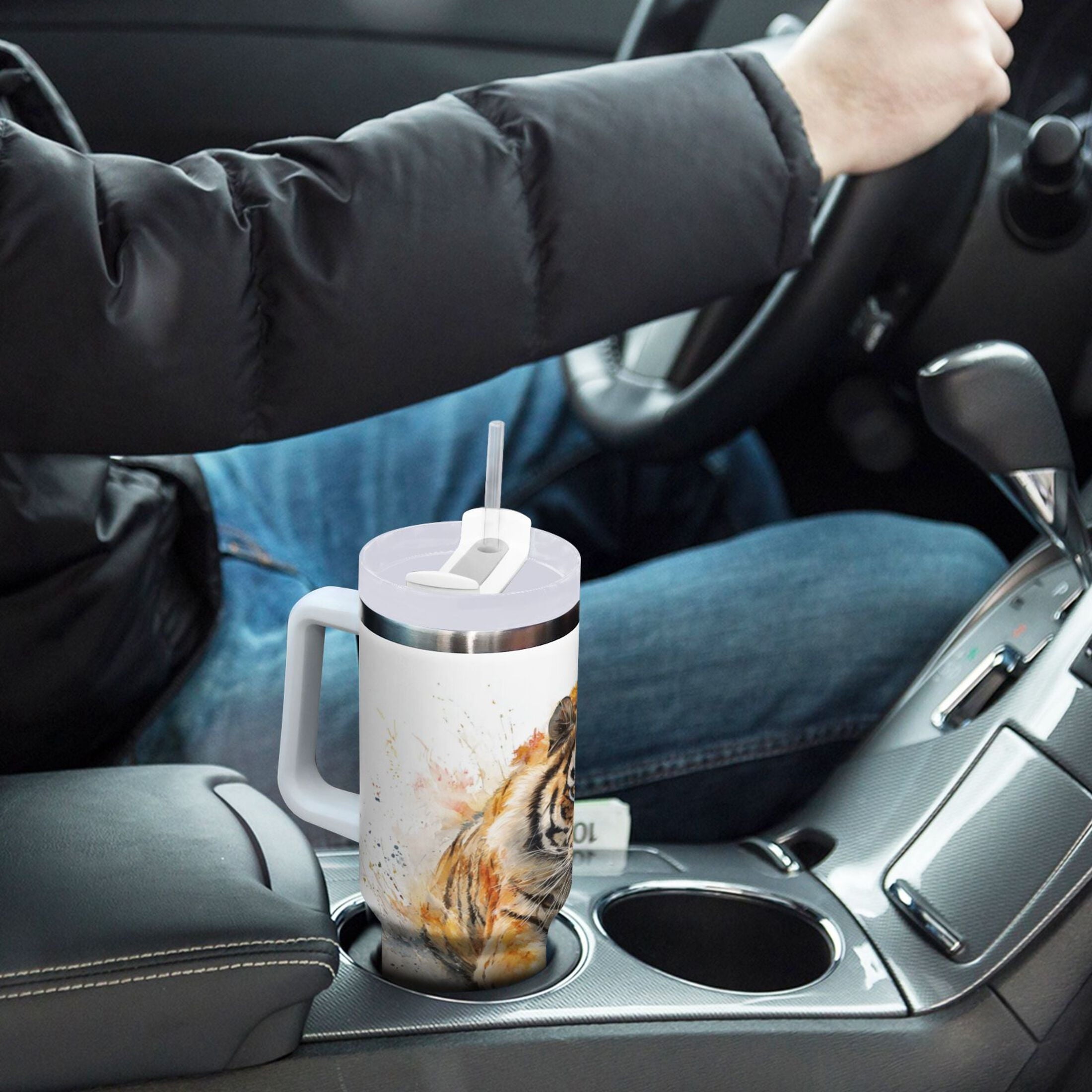 30 oz Insulated Stainless Steel Tumbler Double Wall Stainless Steel Tumbler with 2-Way Drinking Tiger in Action