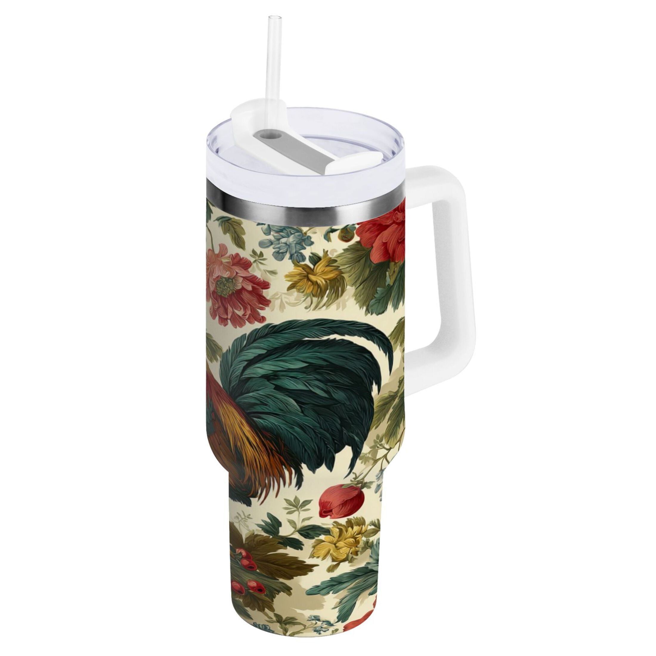40 oz Insulated Stainless Steel Tumbler Double Wall Stainless Steel Tumbler with 2-Way Drinking Rooster and Vintage Floral