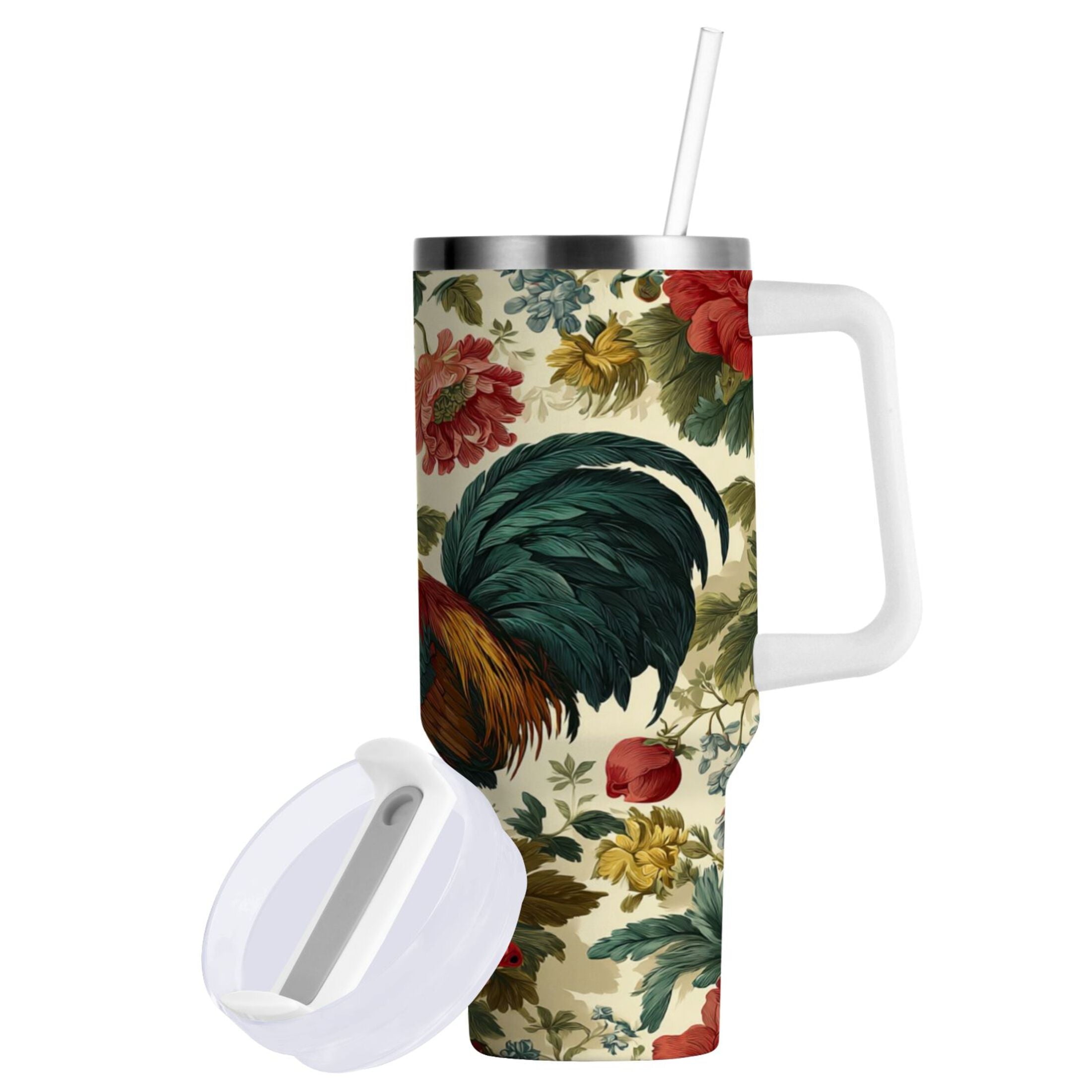 40 oz Insulated Stainless Steel Tumbler Double Wall Stainless Steel Tumbler with 2-Way Drinking Rooster and Vintage Floral