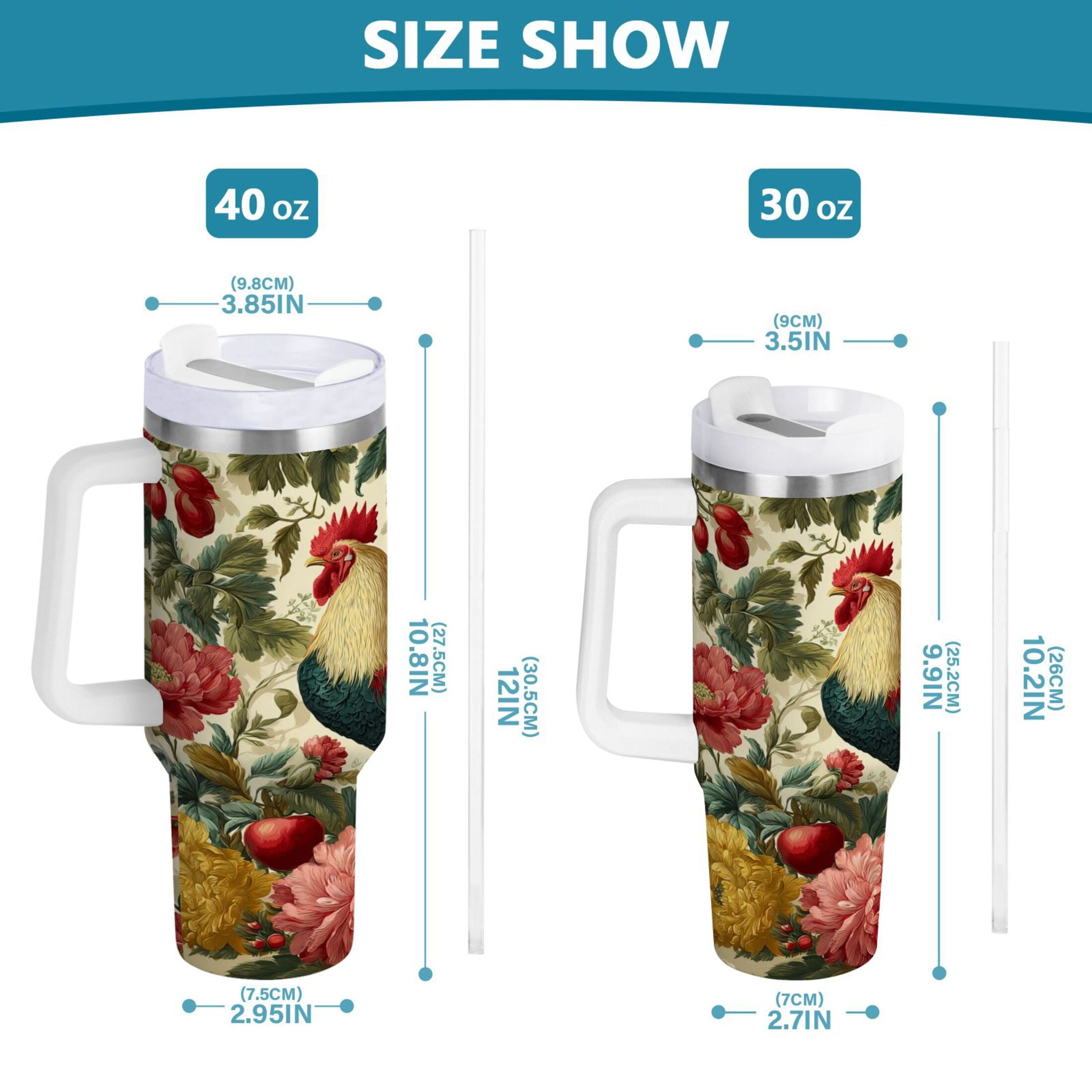 40 oz Insulated Stainless Steel Tumbler Double Wall Stainless Steel Tumbler with 2-Way Drinking Rooster and Vintage Floral