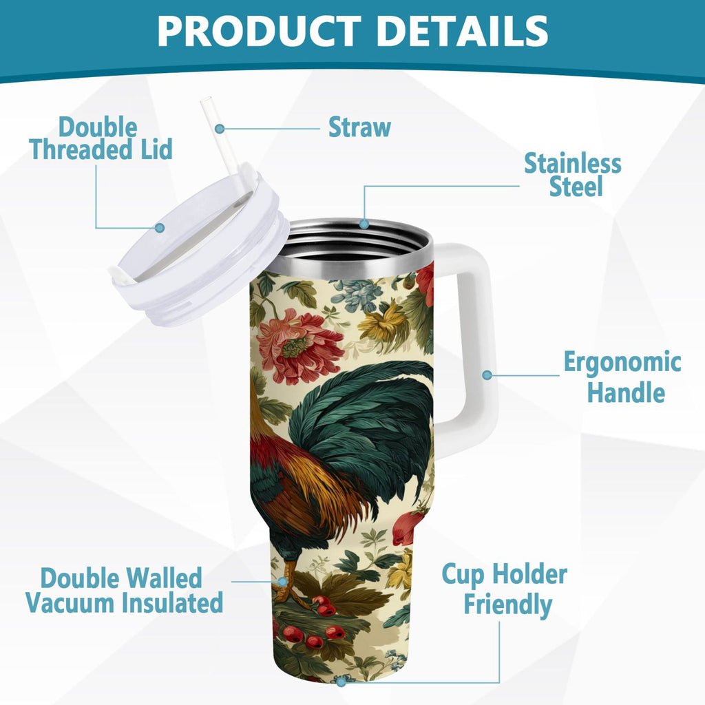 40 oz Insulated Stainless Steel Tumbler Double Wall Stainless Steel Tumbler with 2-Way Drinking Rooster and Vintage Floral