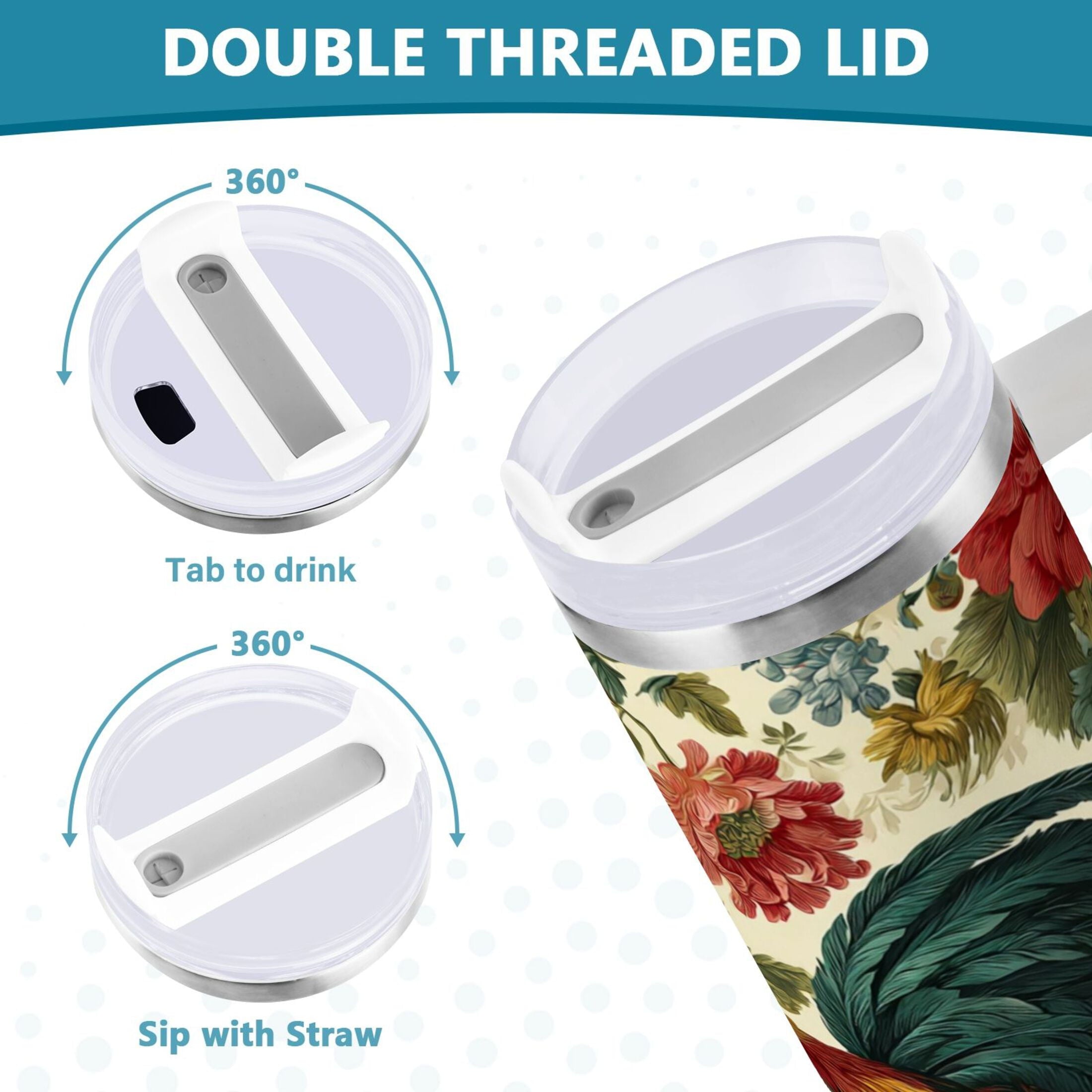 40 oz Insulated Stainless Steel Tumbler Double Wall Stainless Steel Tumbler with 2-Way Drinking Rooster and Vintage Floral