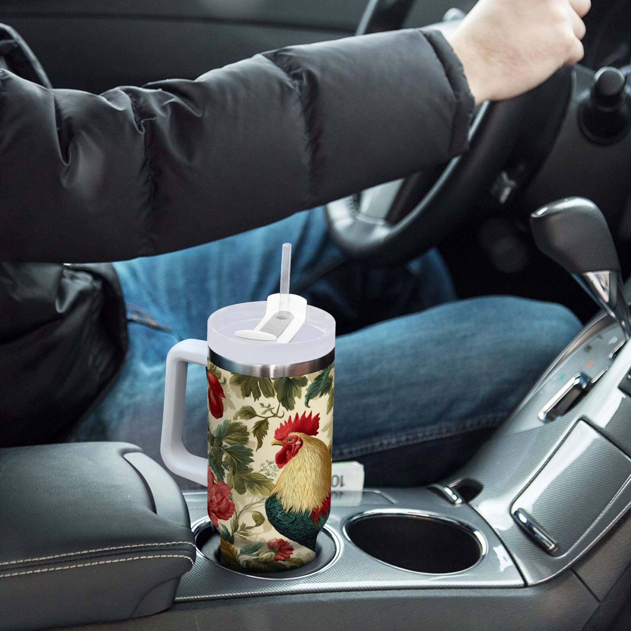40 oz Insulated Stainless Steel Tumbler Double Wall Stainless Steel Tumbler with 2-Way Drinking Rooster and Vintage Floral