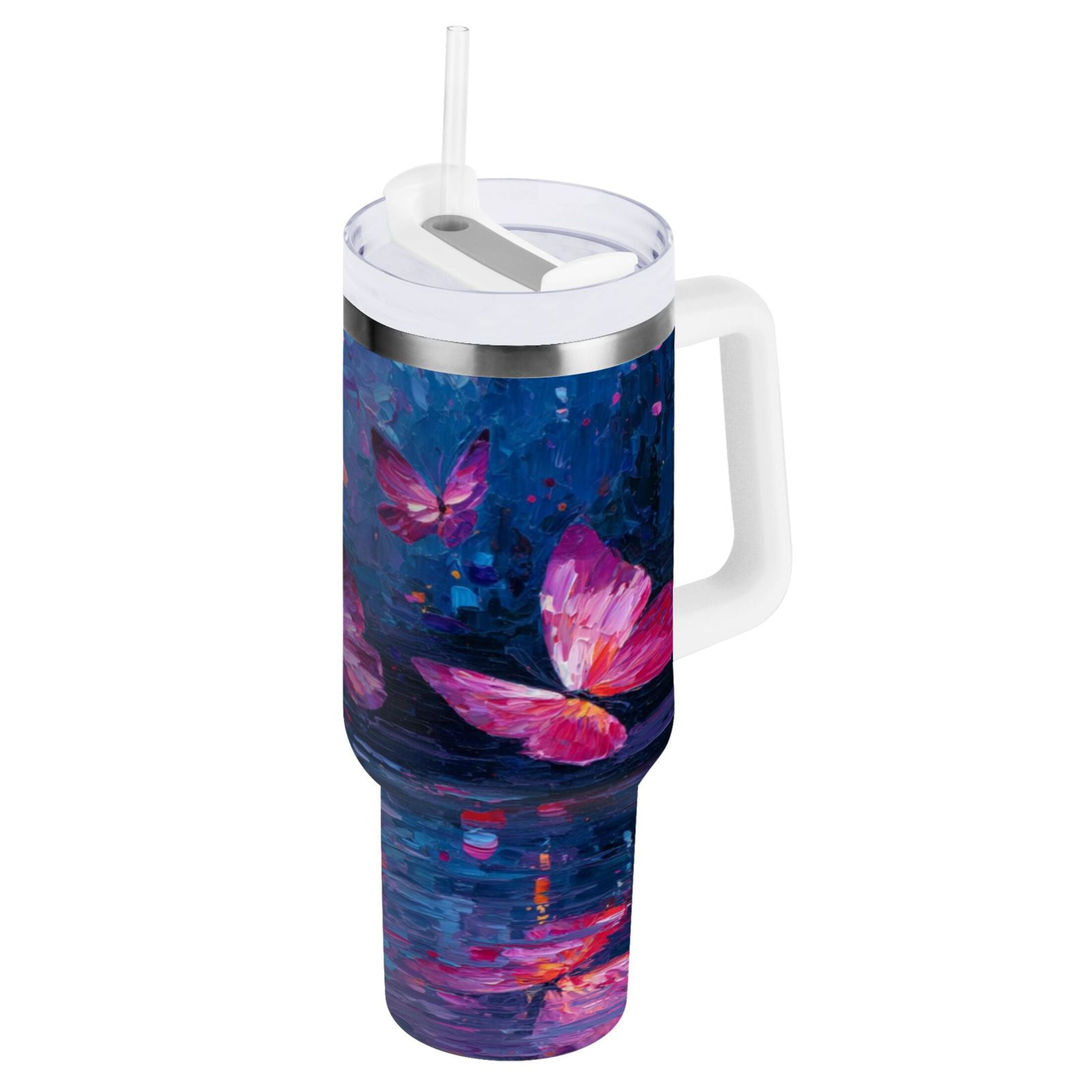 40 oz Insulated Stainless Steel Tumbler Double Wall Stainless Steel Tumbler with 2-Way Drinking Night Scene and Butterflies