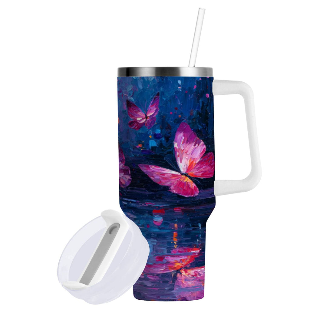 40 oz Insulated Stainless Steel Tumbler Double Wall Stainless Steel Tumbler with 2-Way Drinking Night Scene and Butterflies