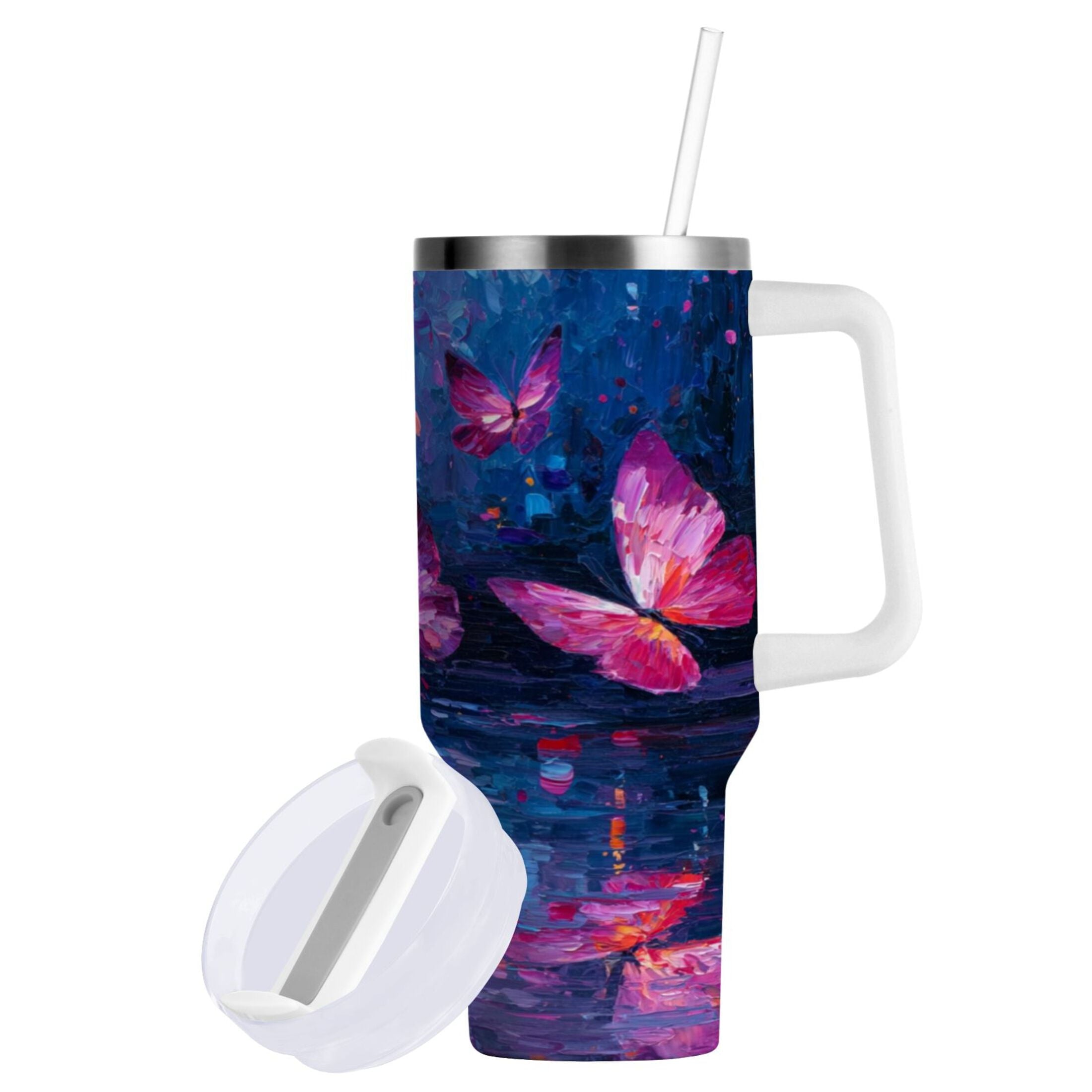 40 oz Insulated Stainless Steel Tumbler Double Wall Stainless Steel Tumbler with 2-Way Drinking Night Scene and Butterflies