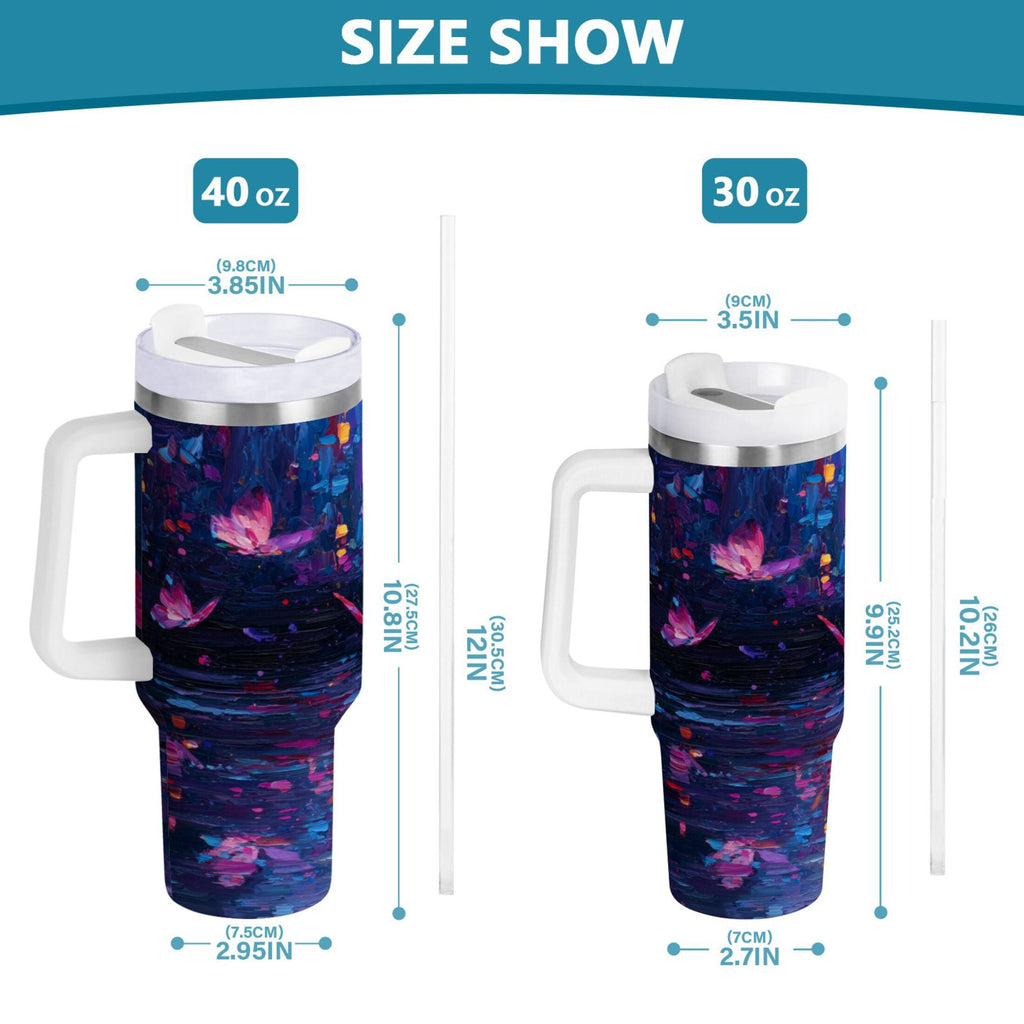 40 oz Insulated Stainless Steel Tumbler Double Wall Stainless Steel Tumbler with 2-Way Drinking Night Scene and Butterflies