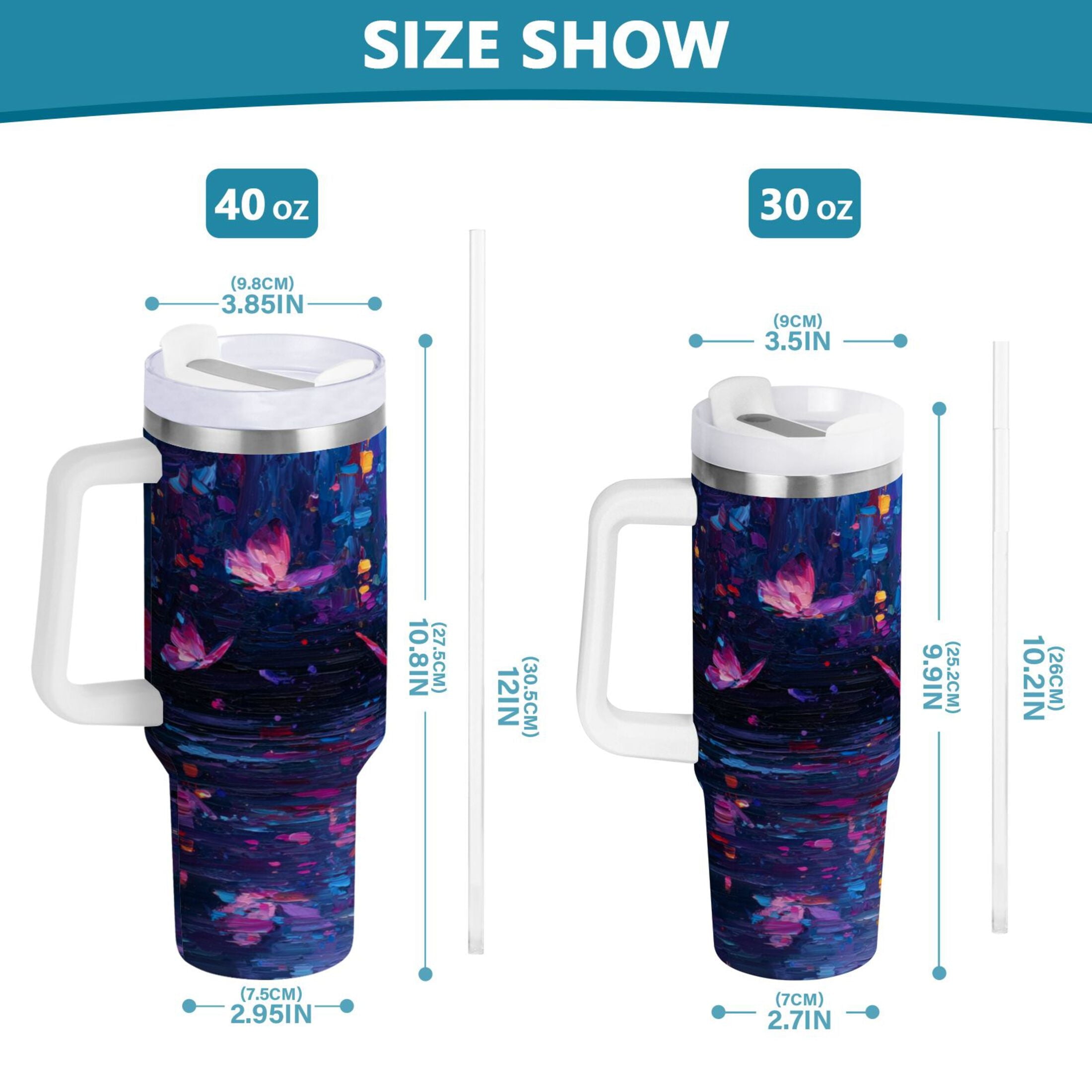 40 oz Insulated Stainless Steel Tumbler Double Wall Stainless Steel Tumbler with 2-Way Drinking Night Scene and Butterflies