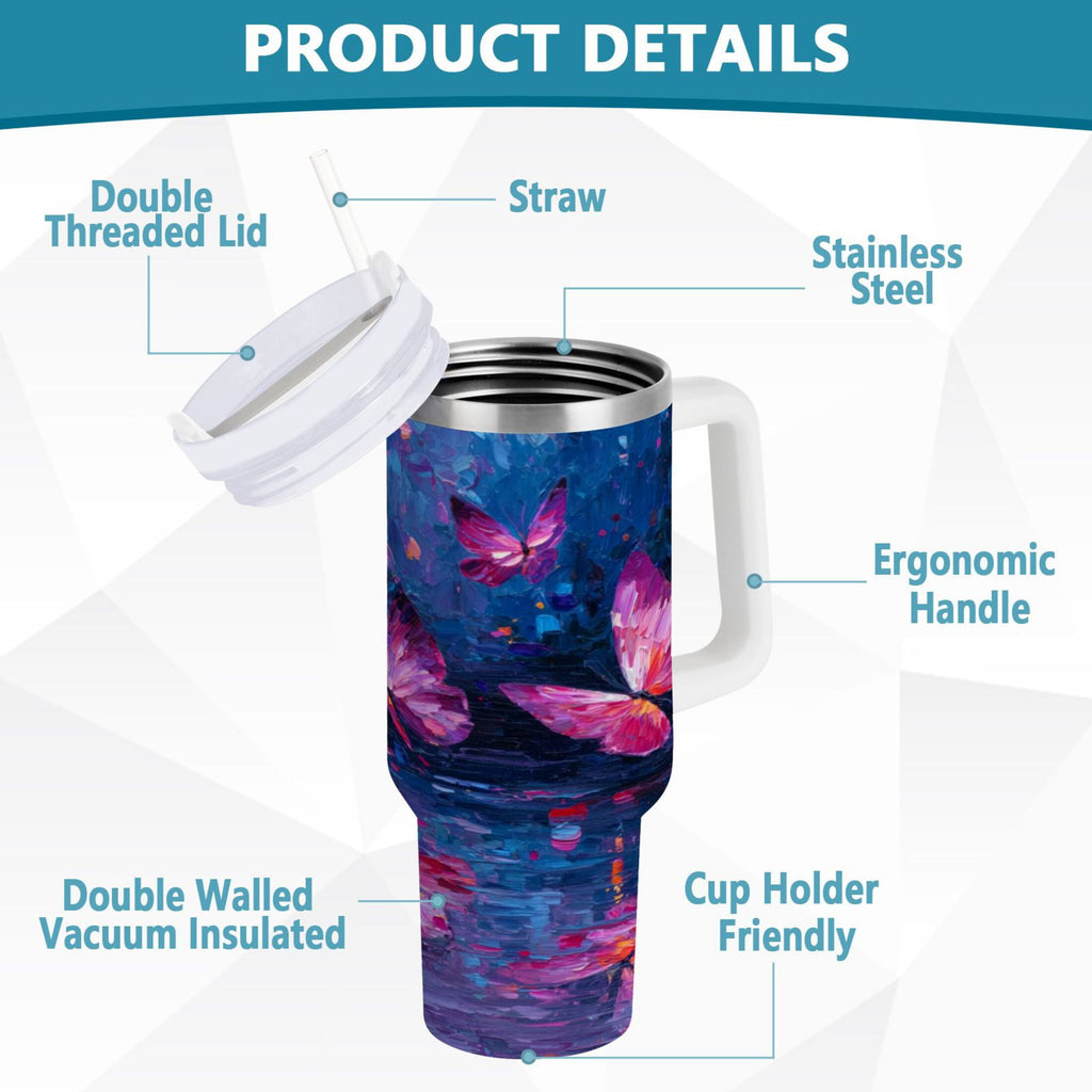 40 oz Insulated Stainless Steel Tumbler Double Wall Stainless Steel Tumbler with 2-Way Drinking Night Scene and Butterflies