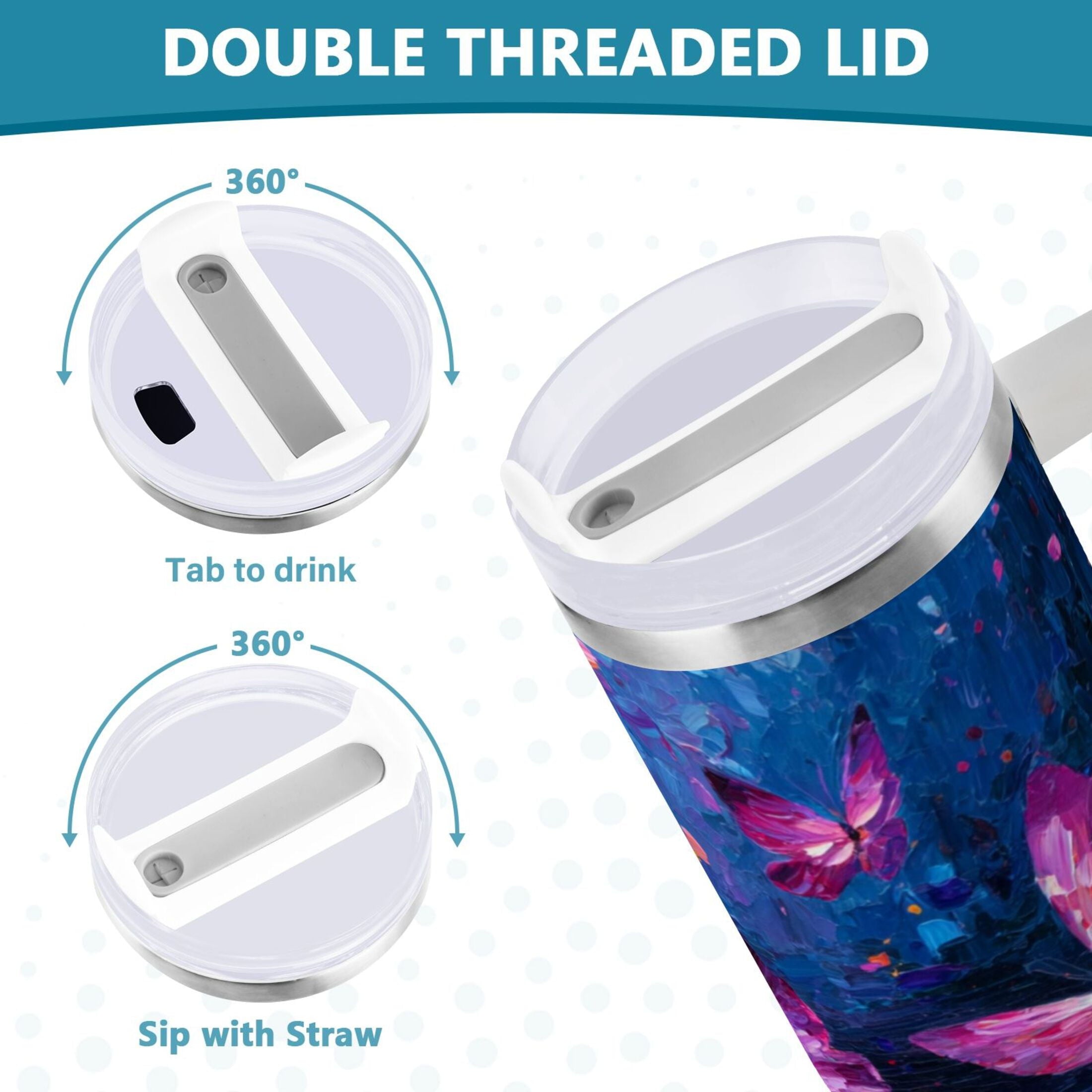 40 oz Insulated Stainless Steel Tumbler Double Wall Stainless Steel Tumbler with 2-Way Drinking Night Scene and Butterflies