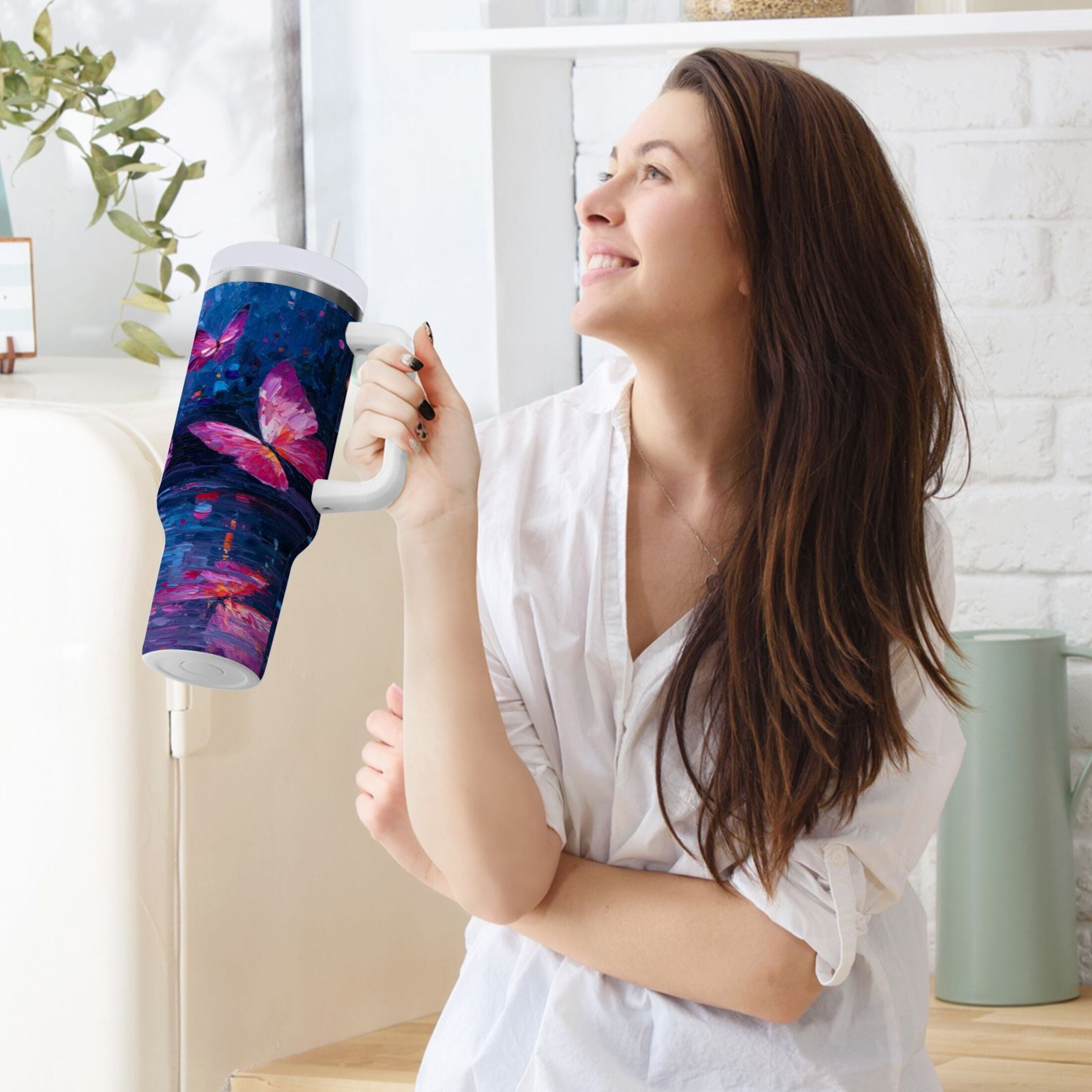 40 oz Insulated Stainless Steel Tumbler Double Wall Stainless Steel Tumbler with 2-Way Drinking Night Scene and Butterflies